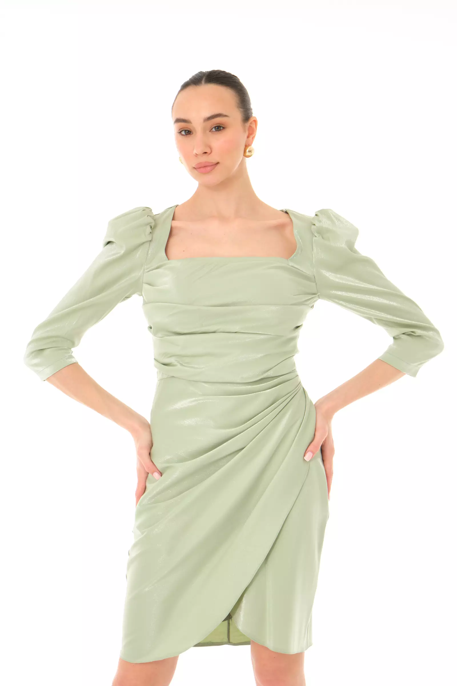Mint green satin 3/4 sleeve mini dress