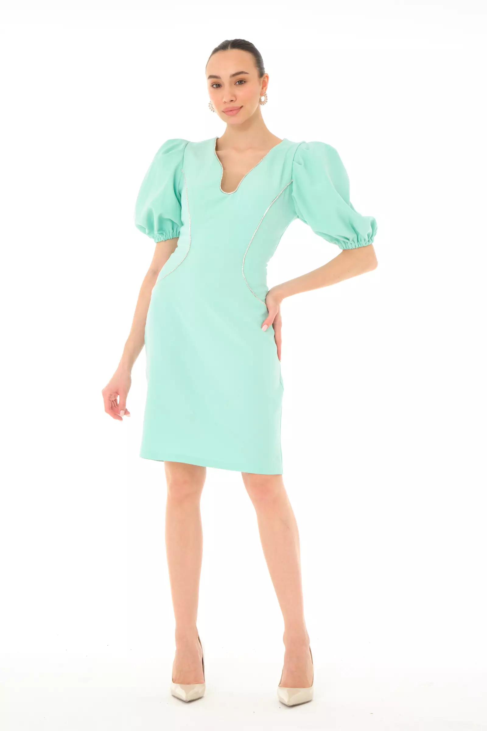 Mint Green Crepe 3/4 Sleeve Mini Dress | All Standard Size Products | Fervente Mint Green Crepe 3/4 Sleeve Mini Dress | All Standard Size Products | Fervente