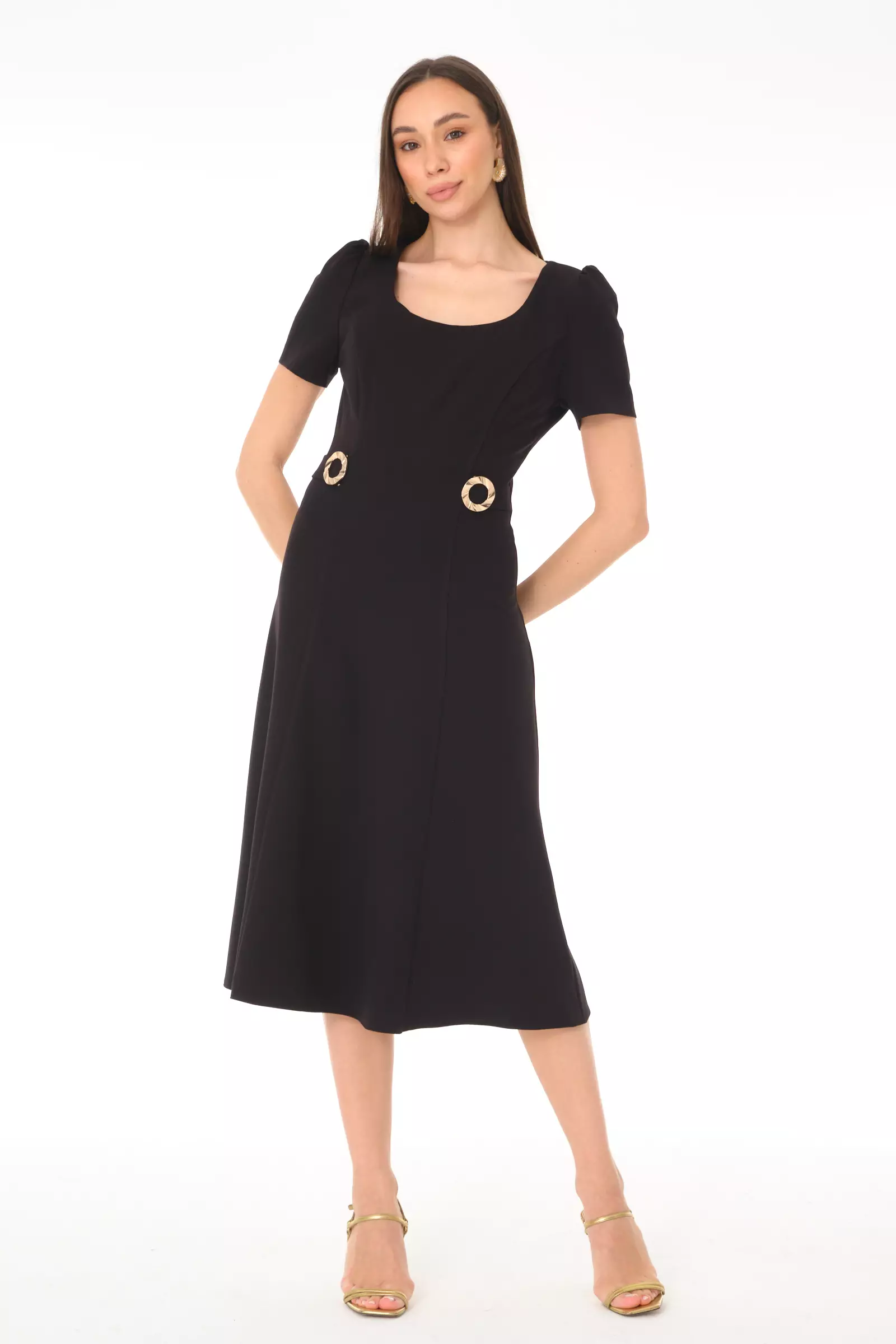 Black crepe short sleeve midi dress
