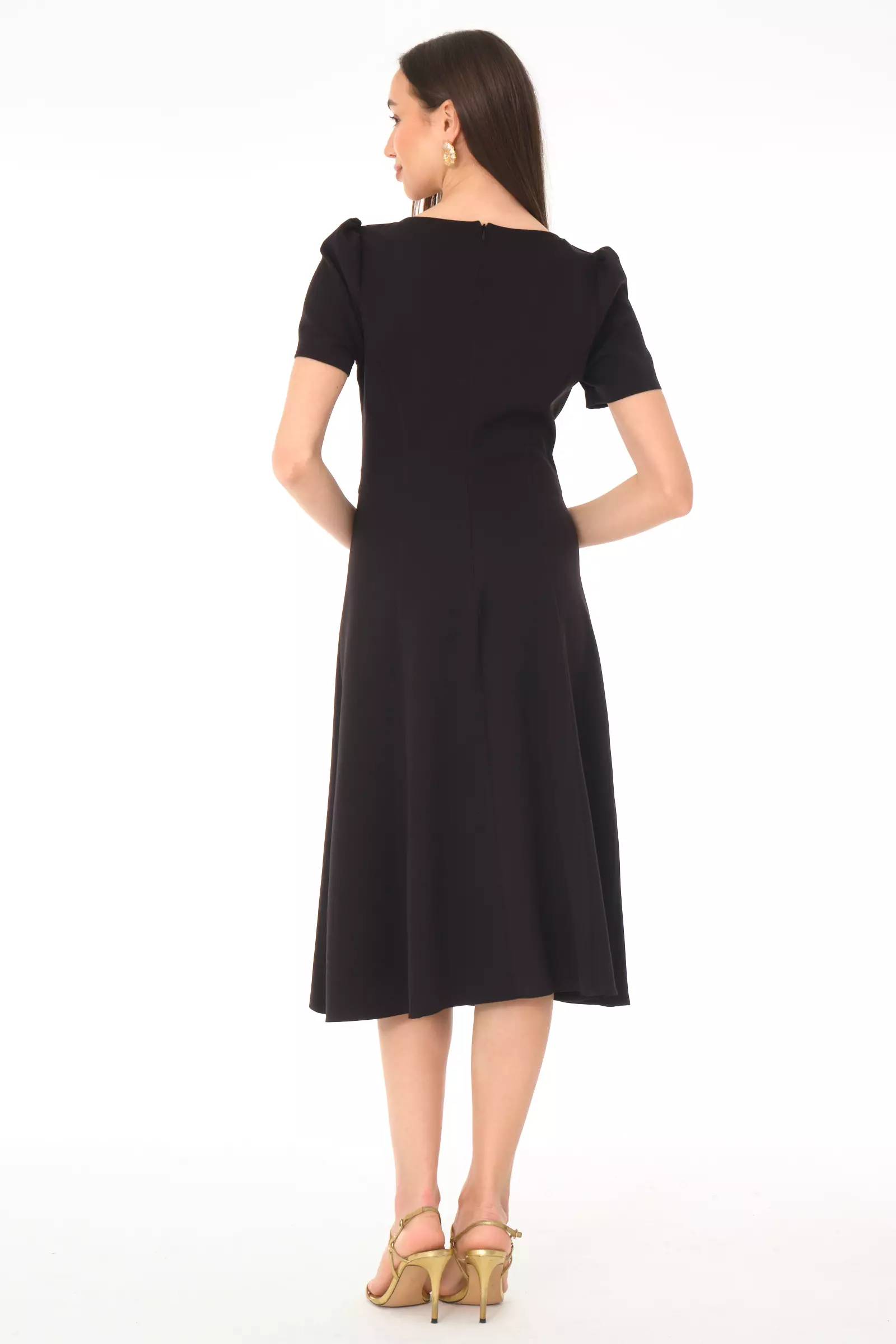 Black crepe short sleeve midi dress