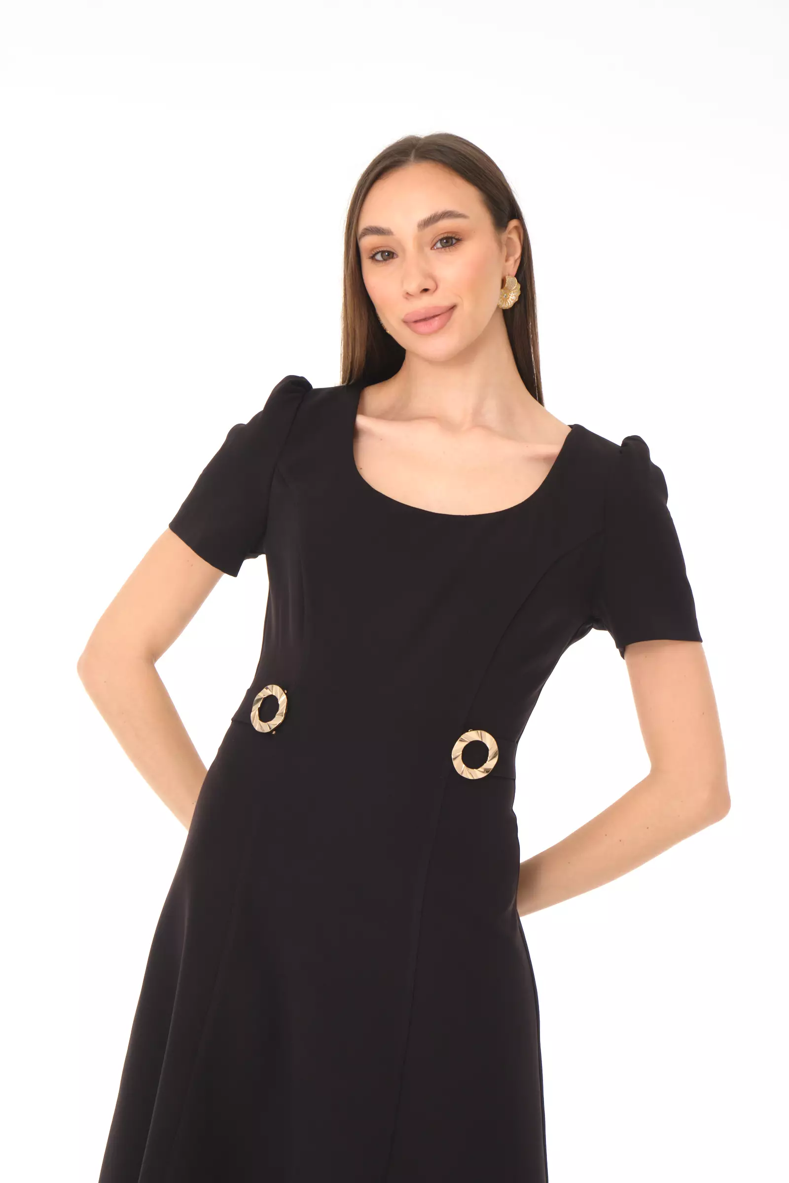 Black crepe short sleeve midi dress