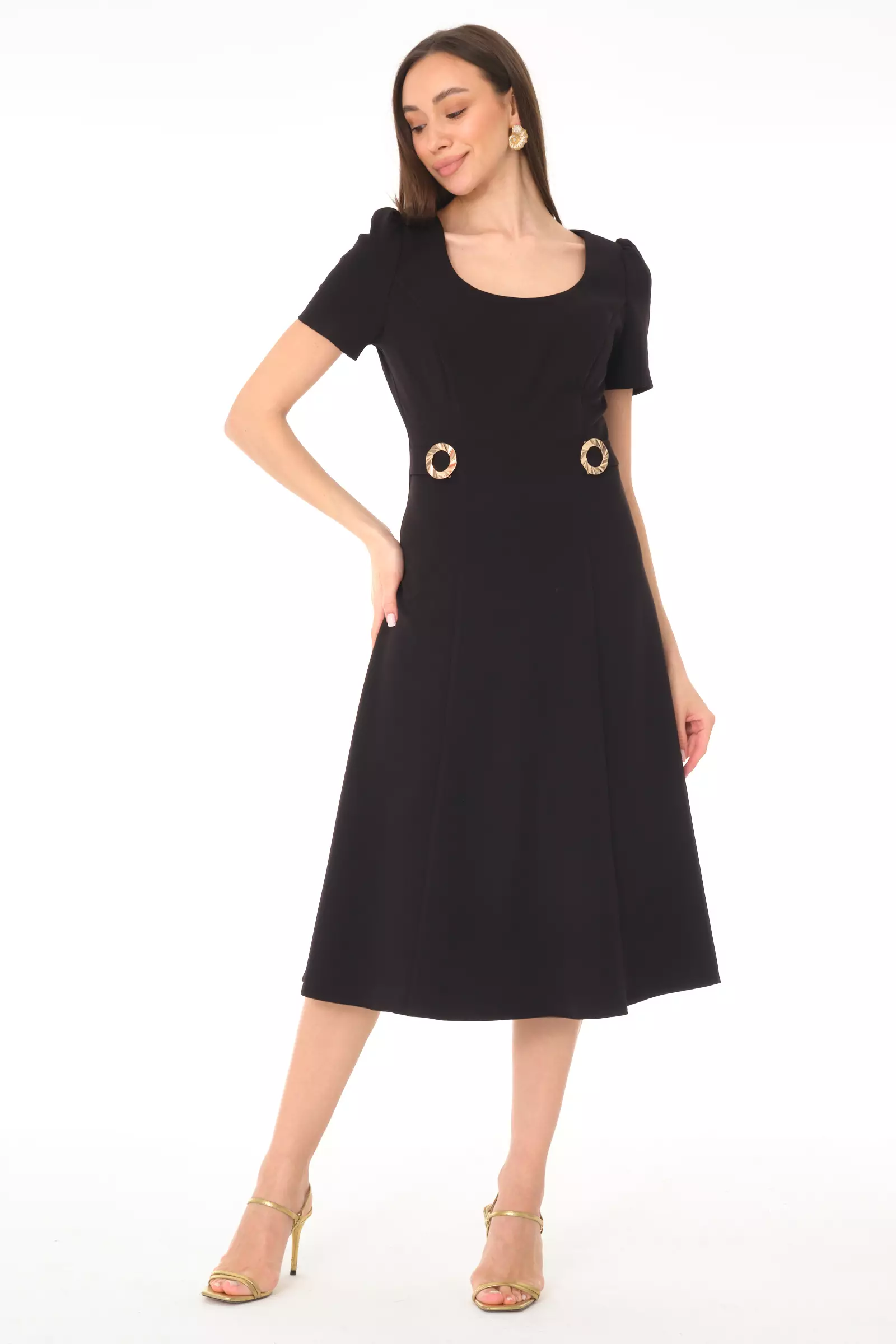 Black crepe short sleeve midi dress