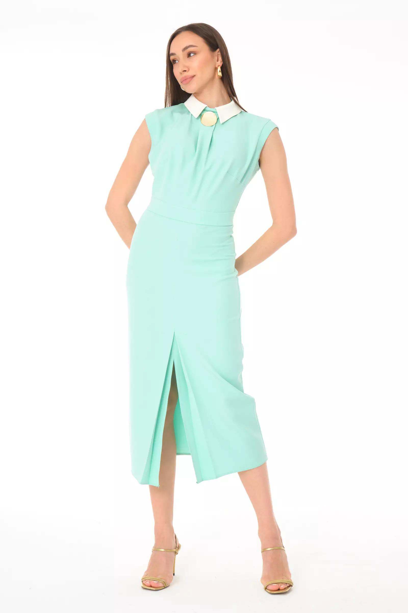 Mint green crepe sleeveless midi dress