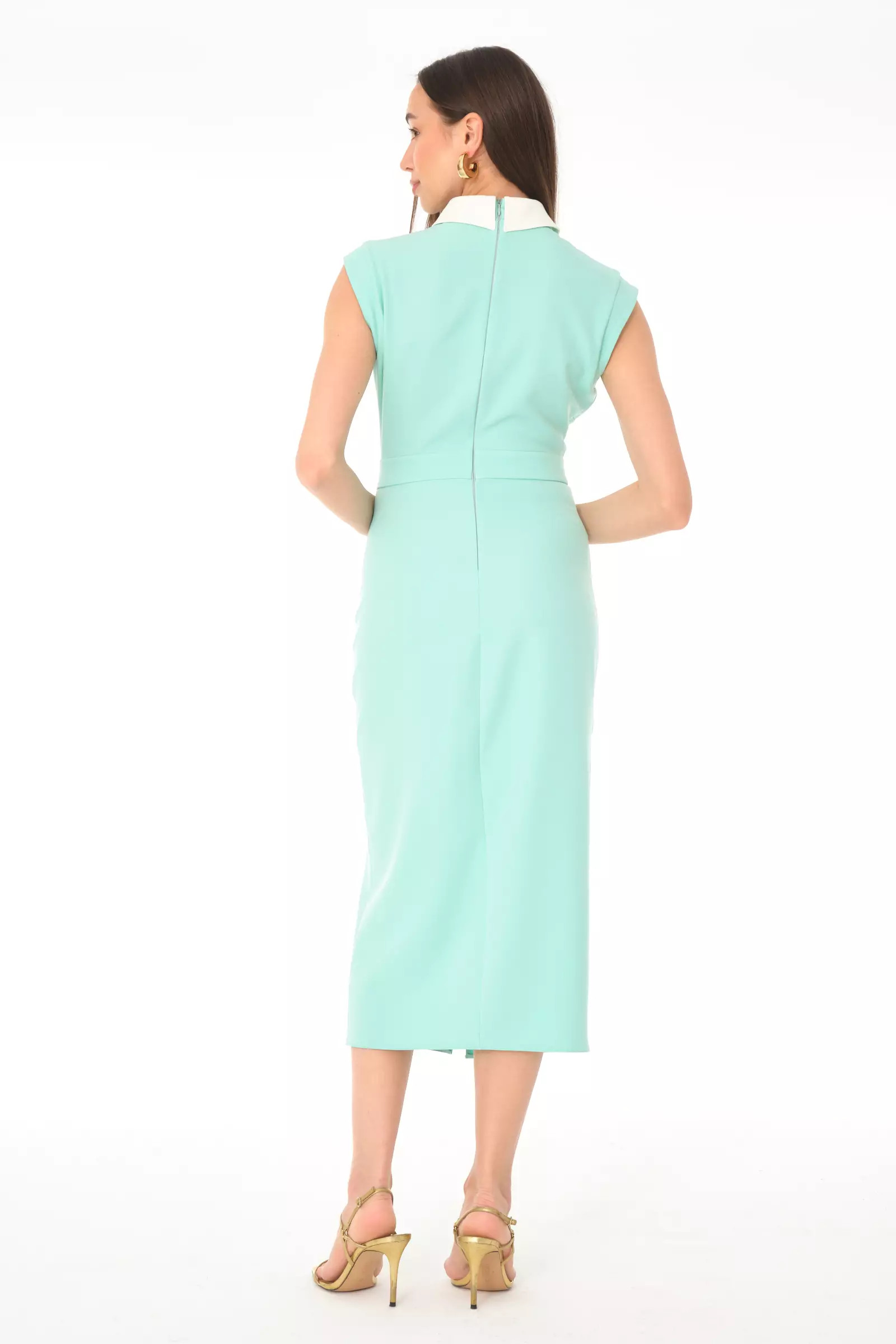 Mint green crepe sleeveless midi dress