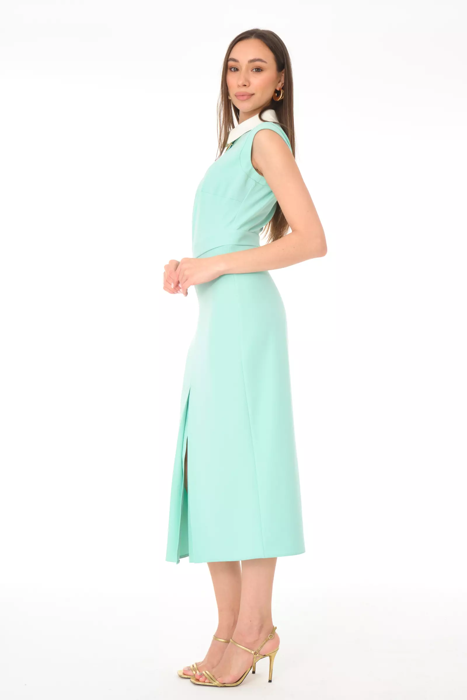 Mint green crepe sleeveless midi dress