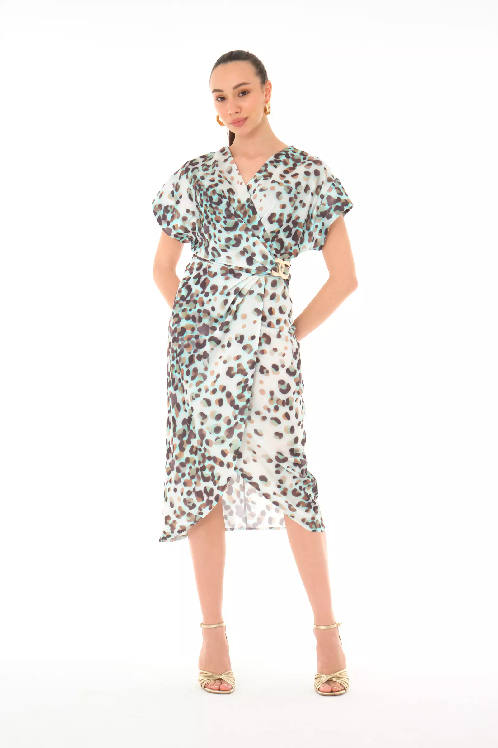 Printed satin short sleeve midi dress