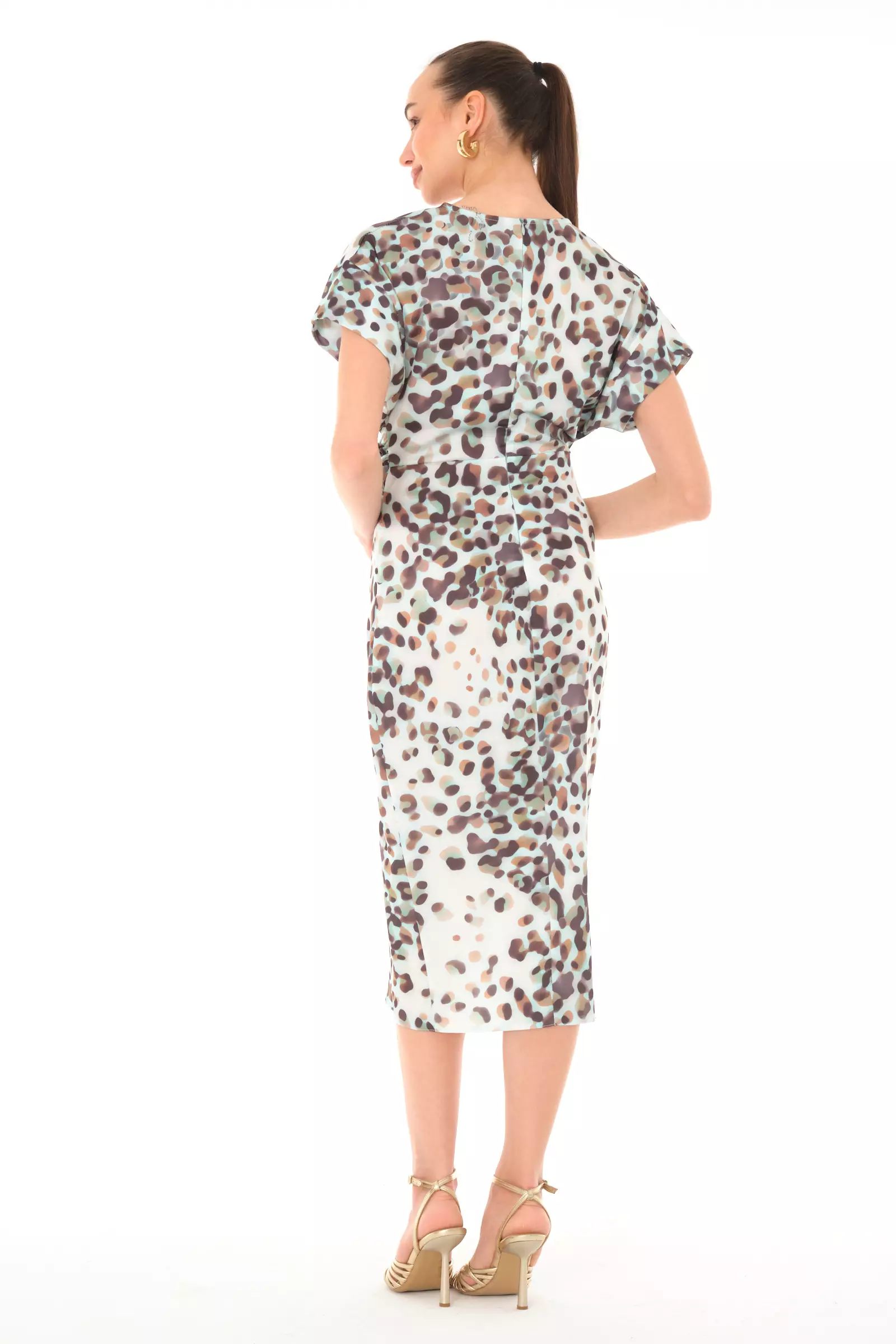 Printed satin short sleeve midi dress