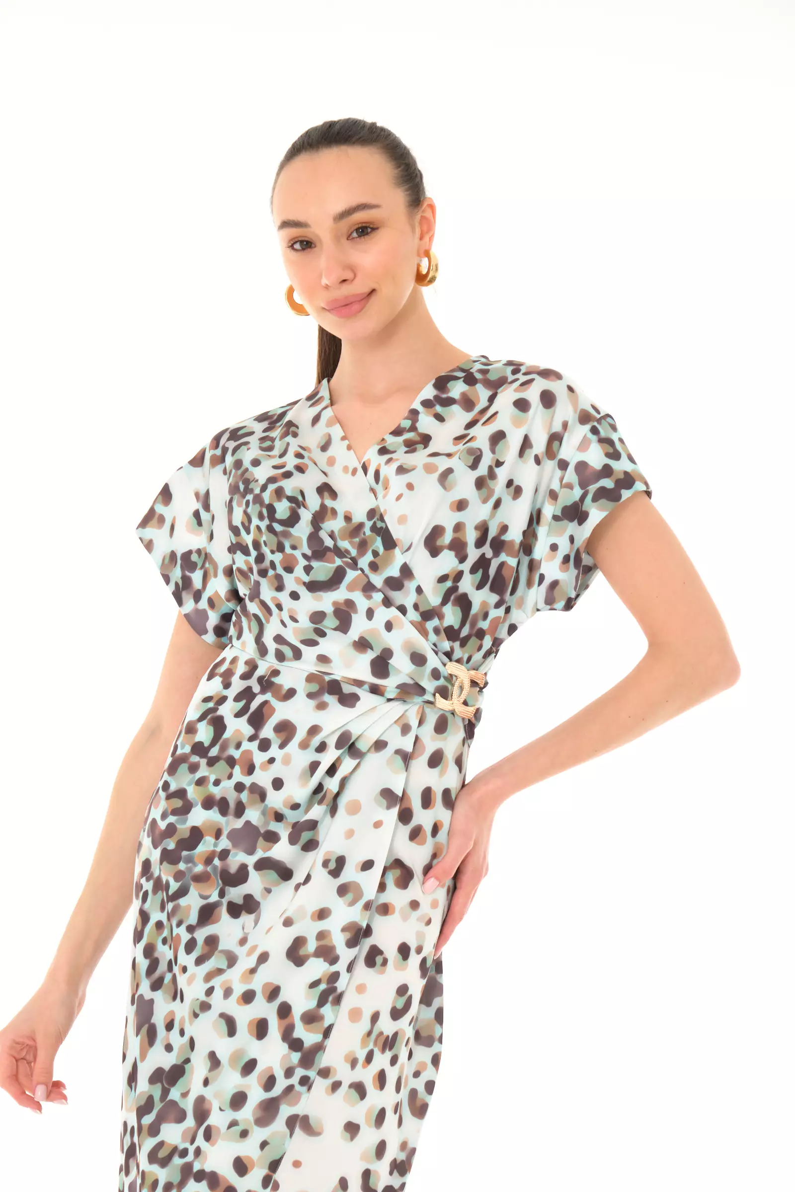 Printed satin short sleeve midi dress