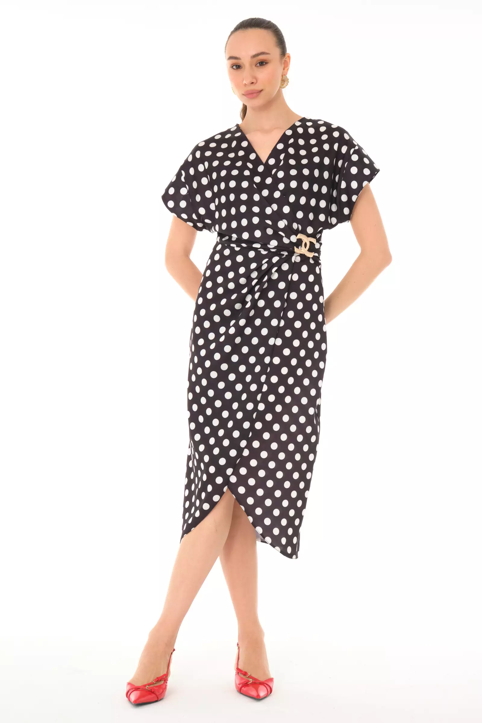 Printed satin short sleeve midi dress