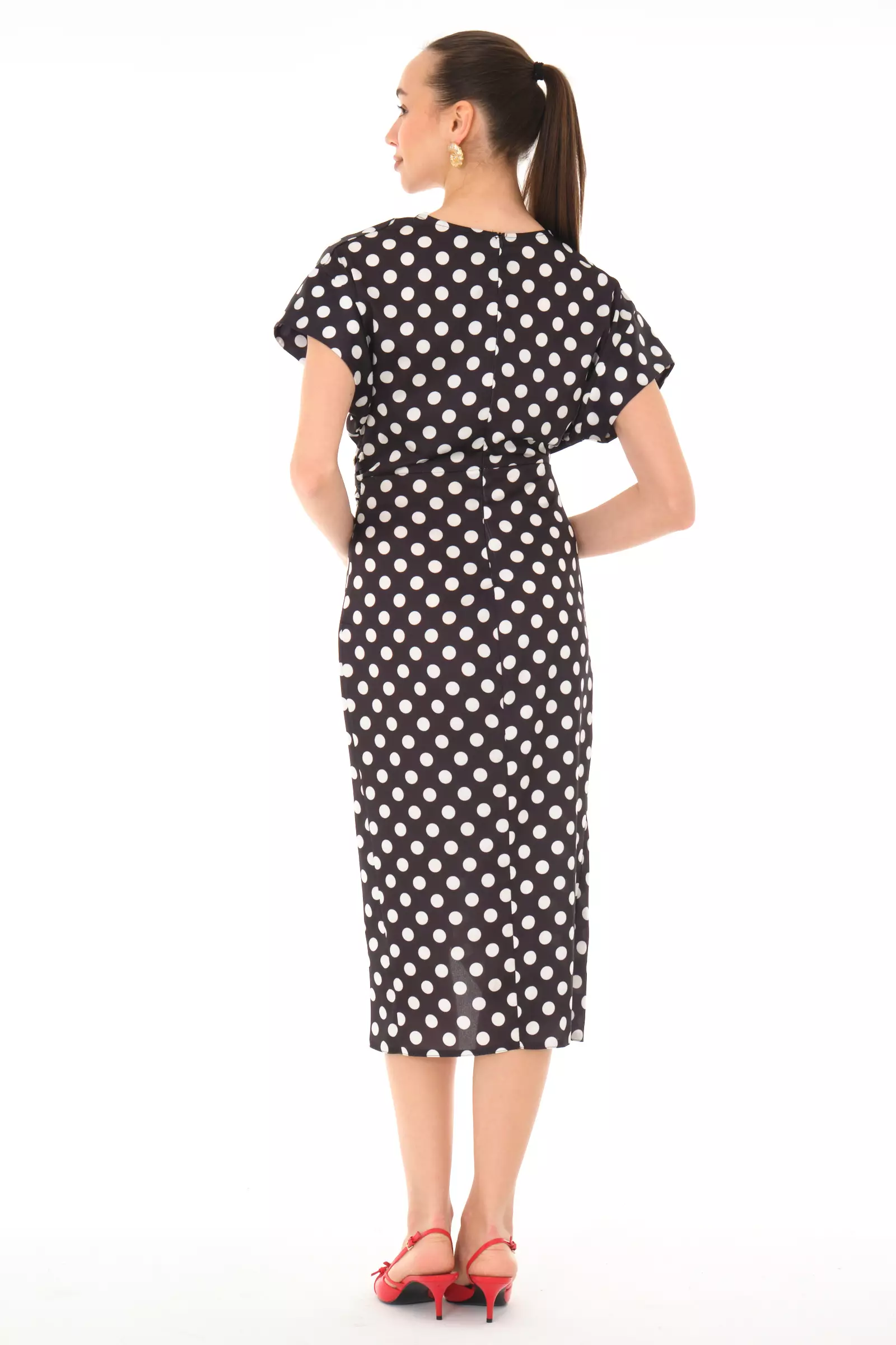 Printed satin short sleeve midi dress