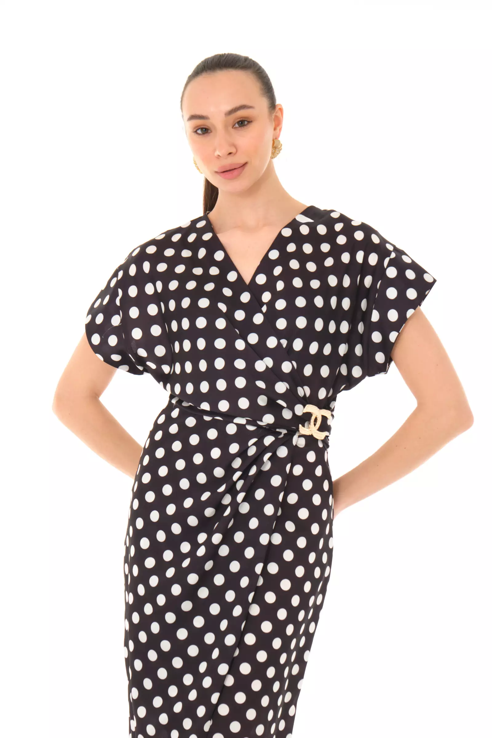 Printed satin short sleeve midi dress