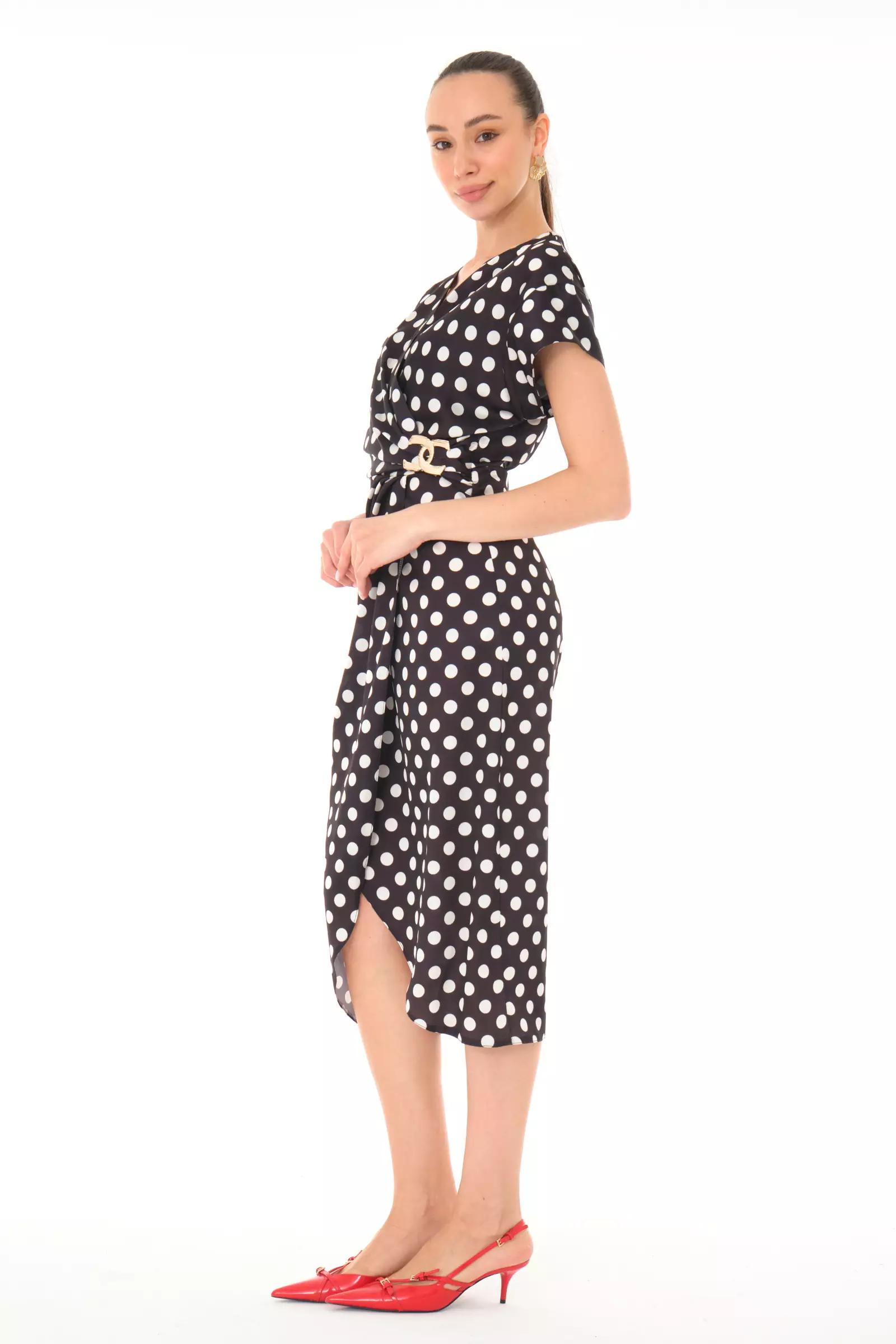 Printed satin short sleeve midi dress