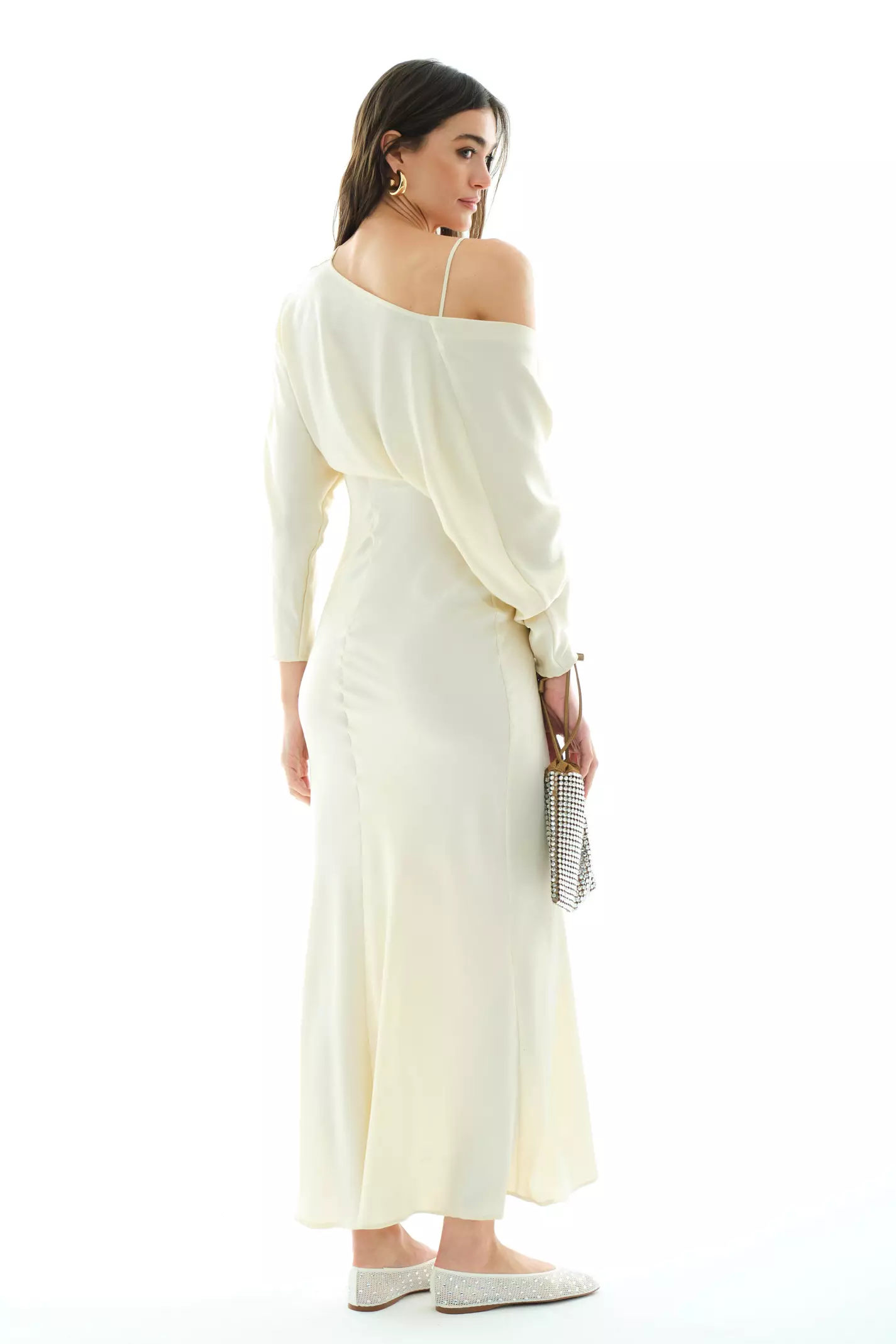 Beige satin long sleeve long dress