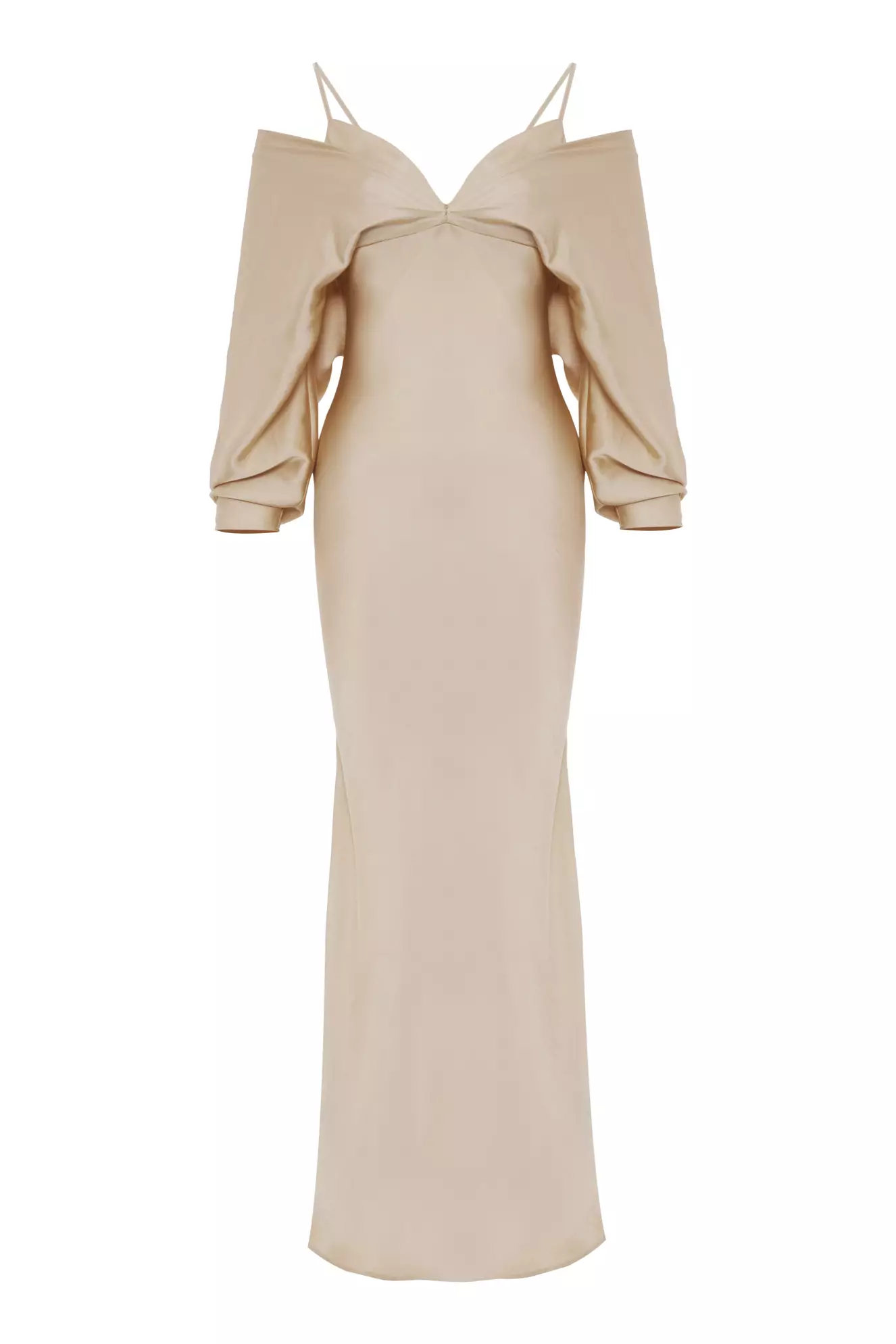 Beige satin long sleeve long dress