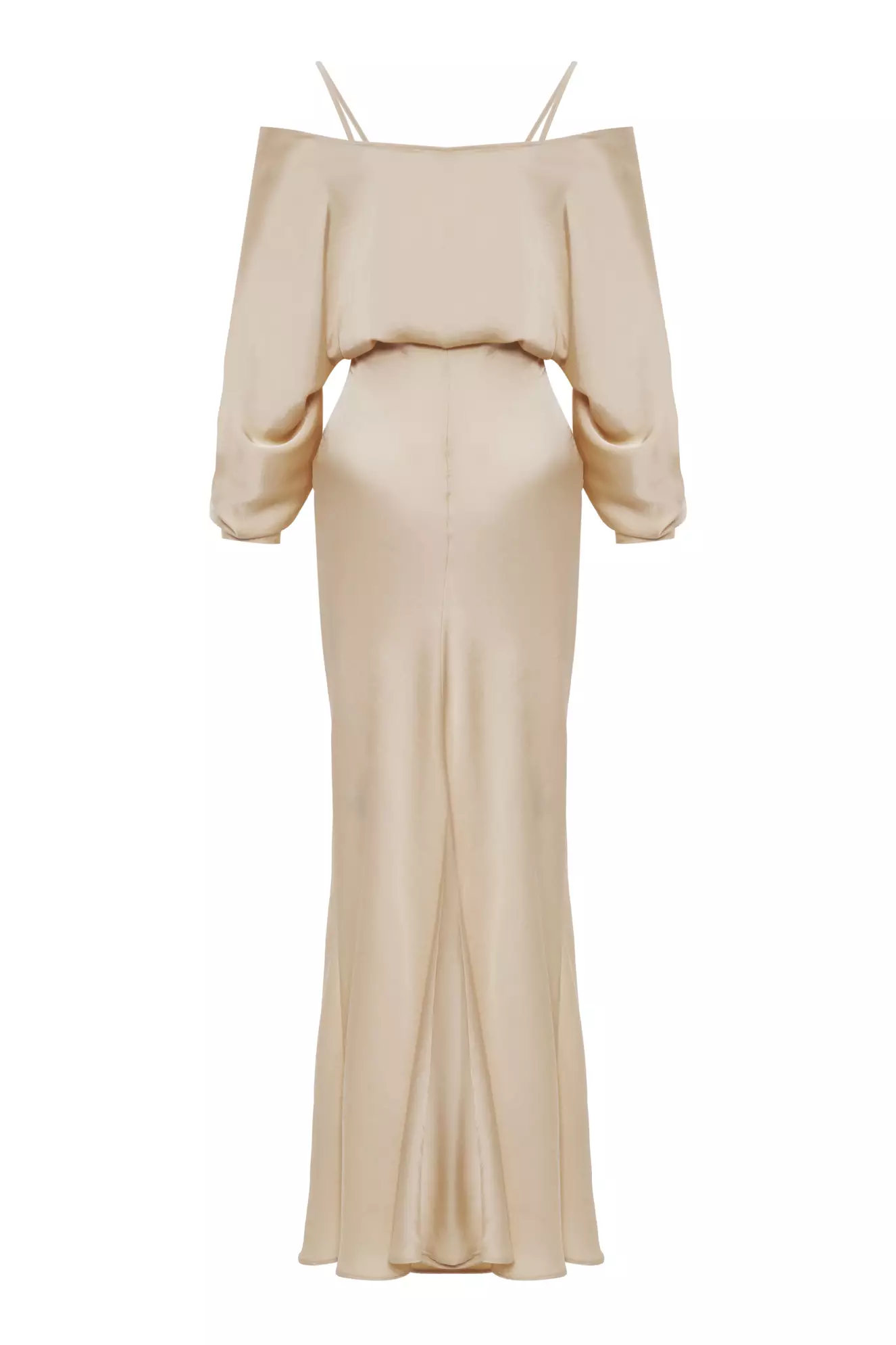 Beige satin long sleeve long dress