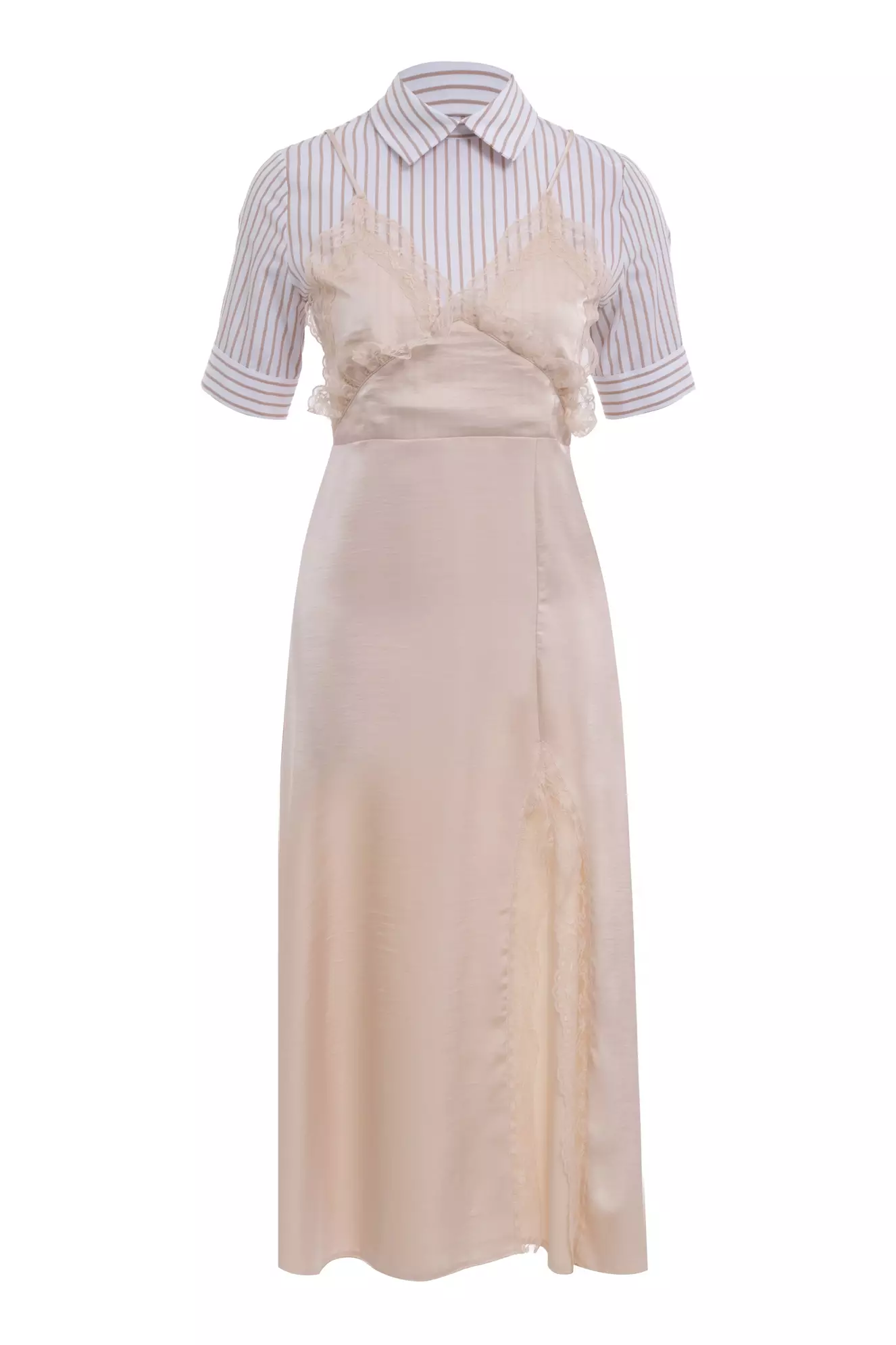 Beige satin short sleeve midi dress