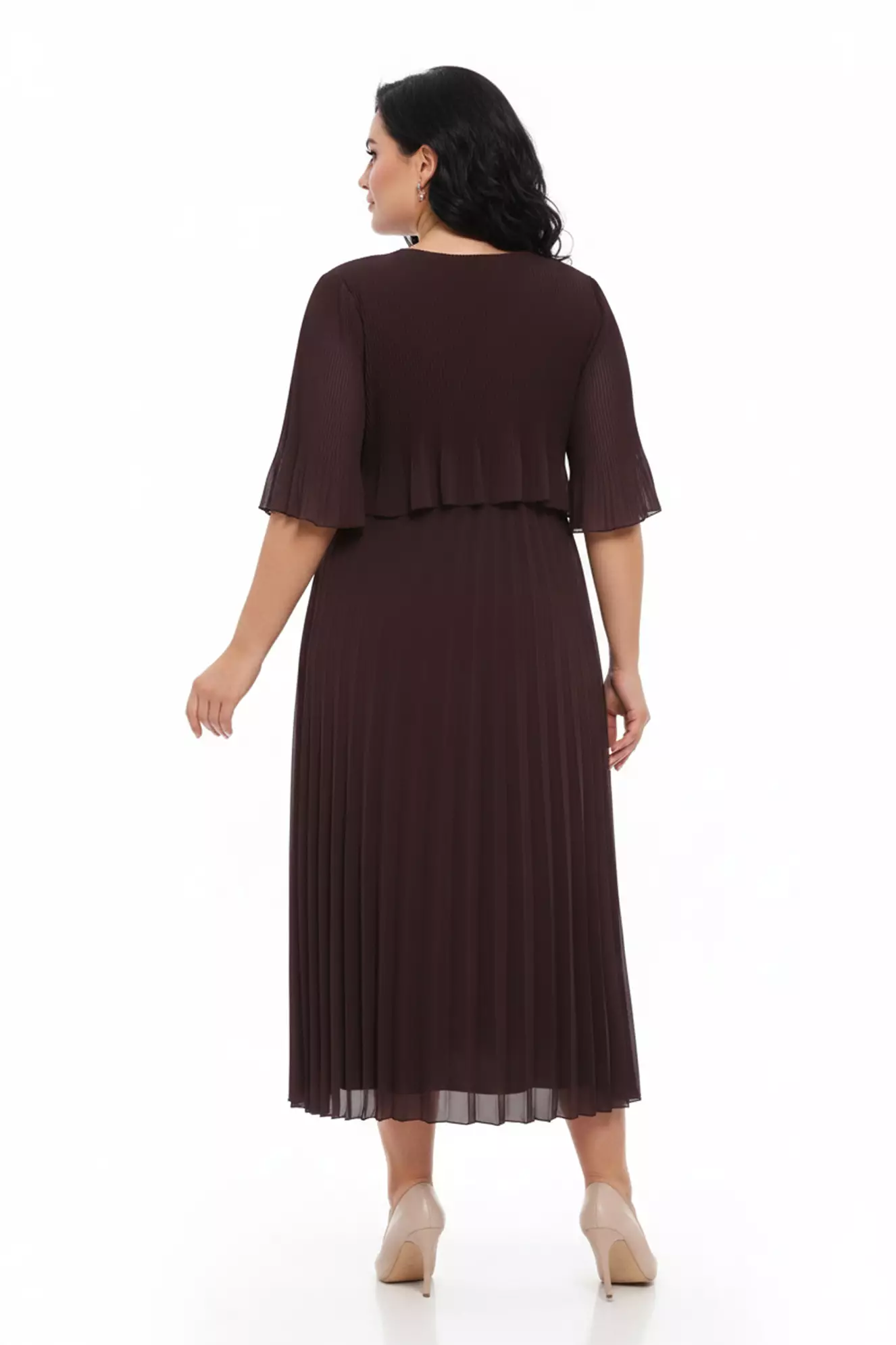 Brown plus size chiffon short sleeve midi dress