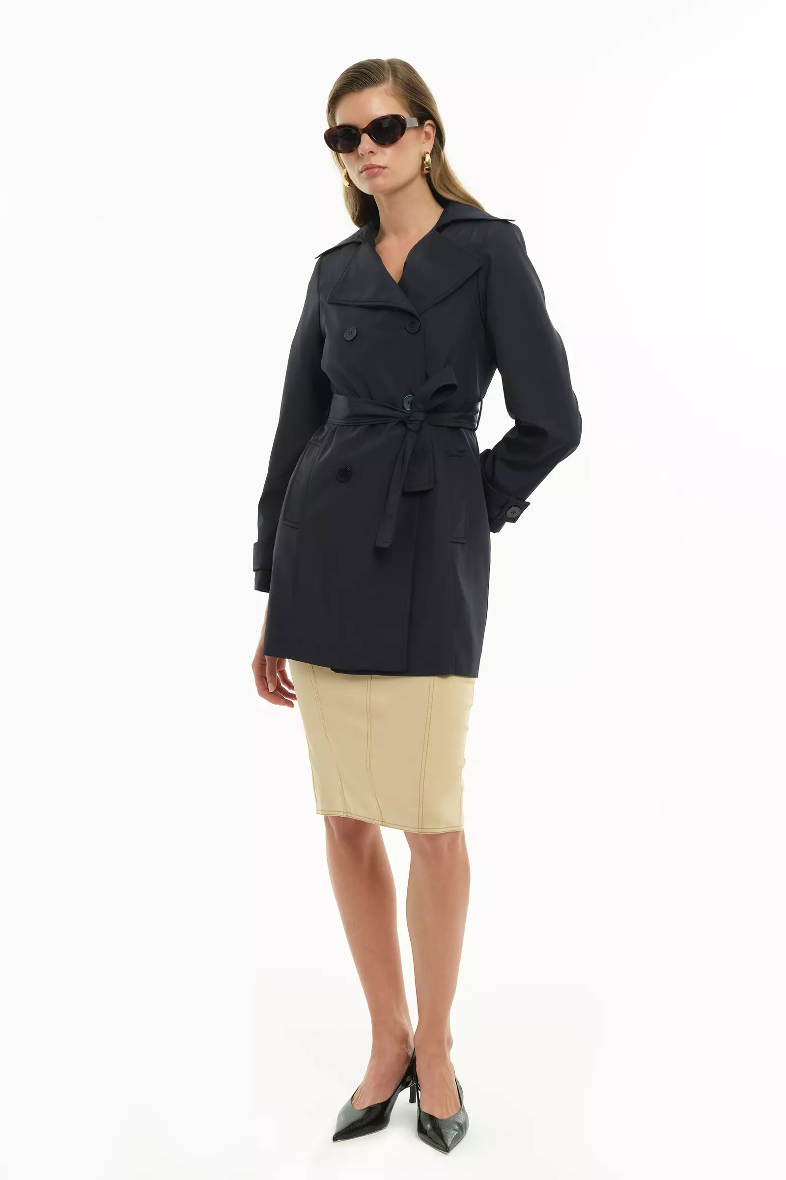 Navy blue trenç long sleeve midi topcoat