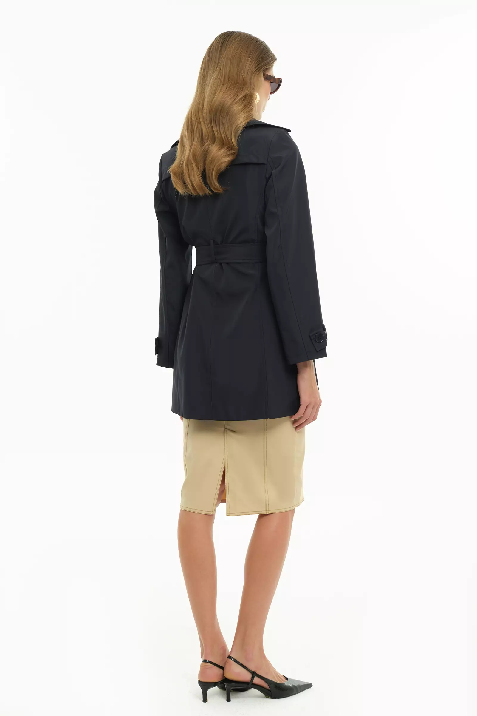 Navy blue trenç long sleeve midi topcoat