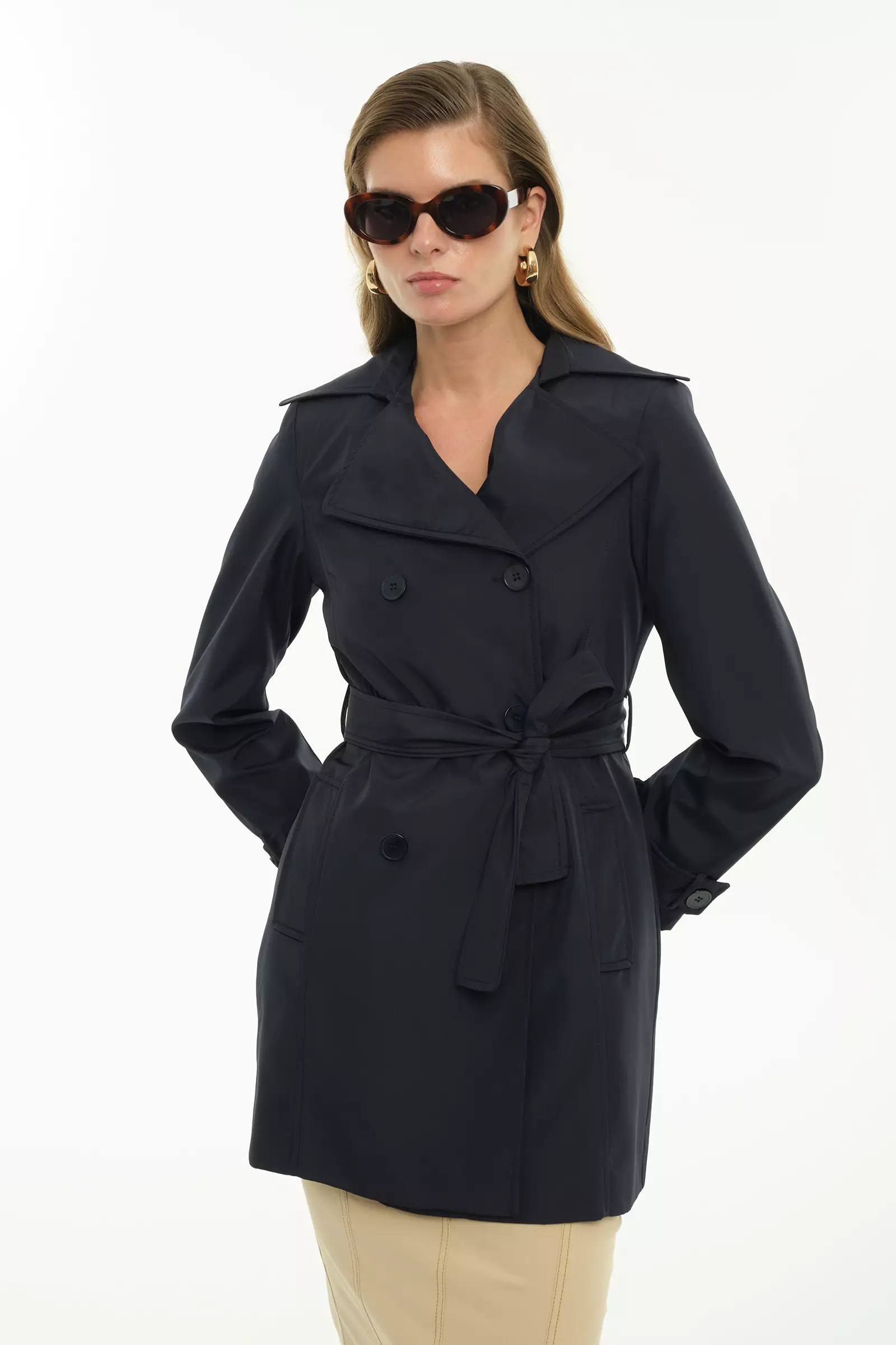 Navy blue trenç long sleeve midi topcoat