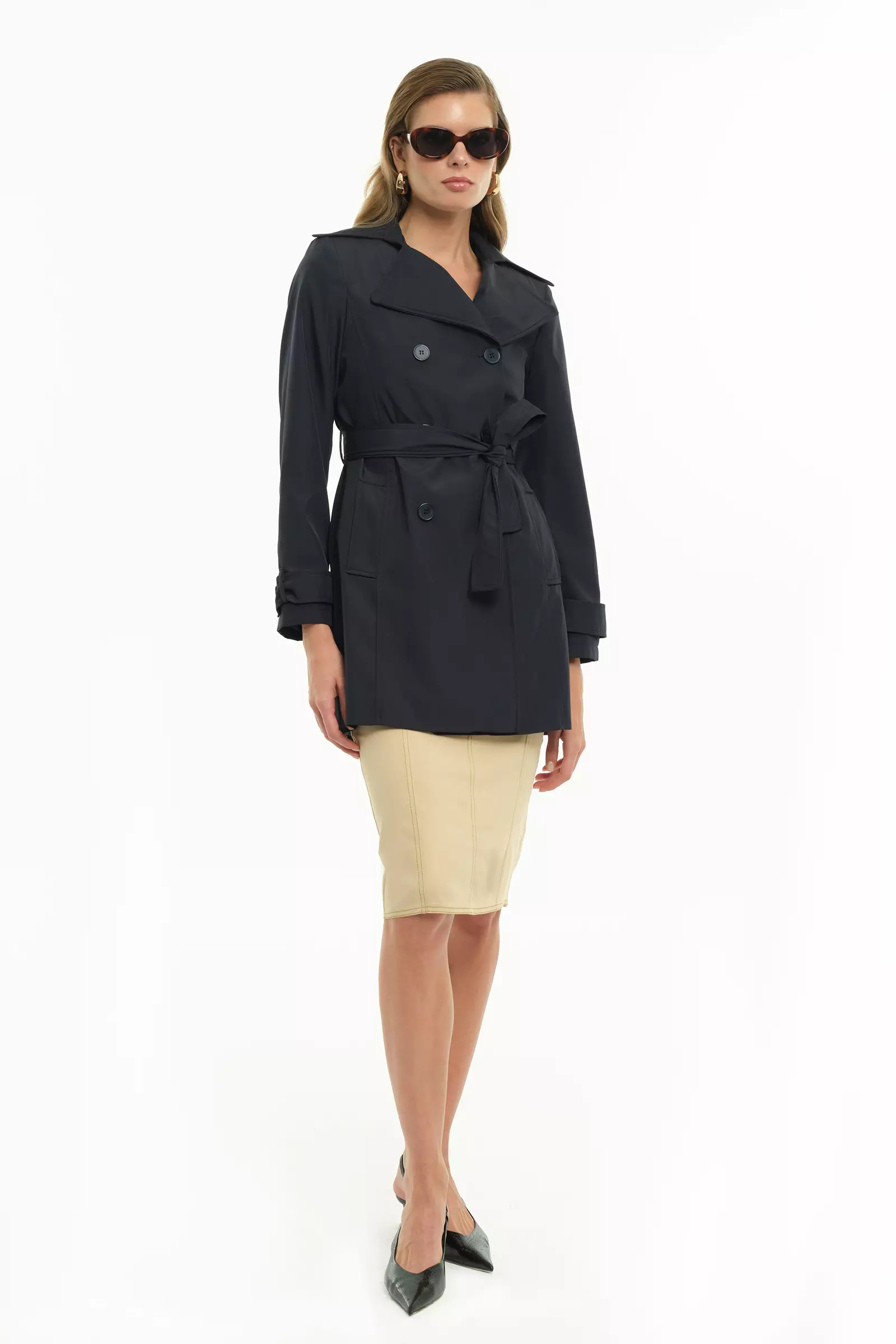 Navy blue trenç long sleeve midi topcoat