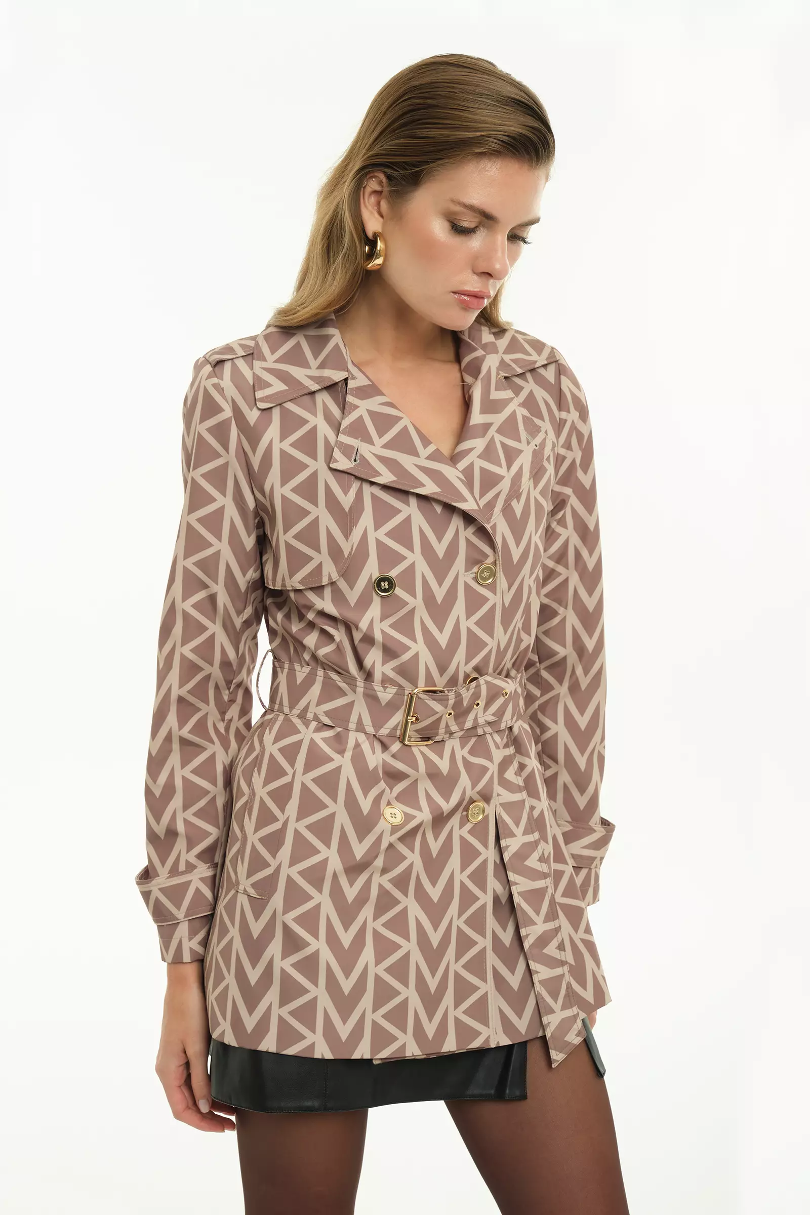 Printed trenç long sleeve mini topcoat
