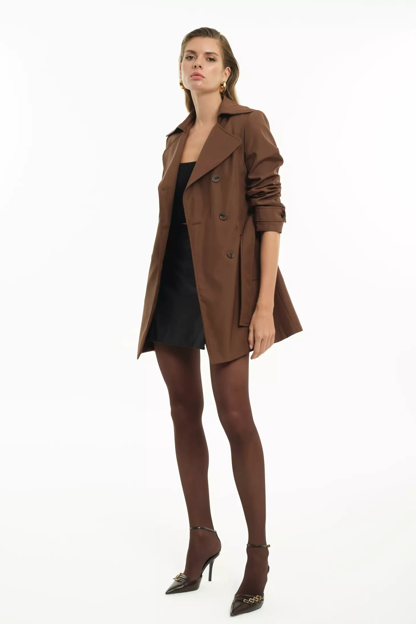 Brown trenç long sleeve midi topcoat