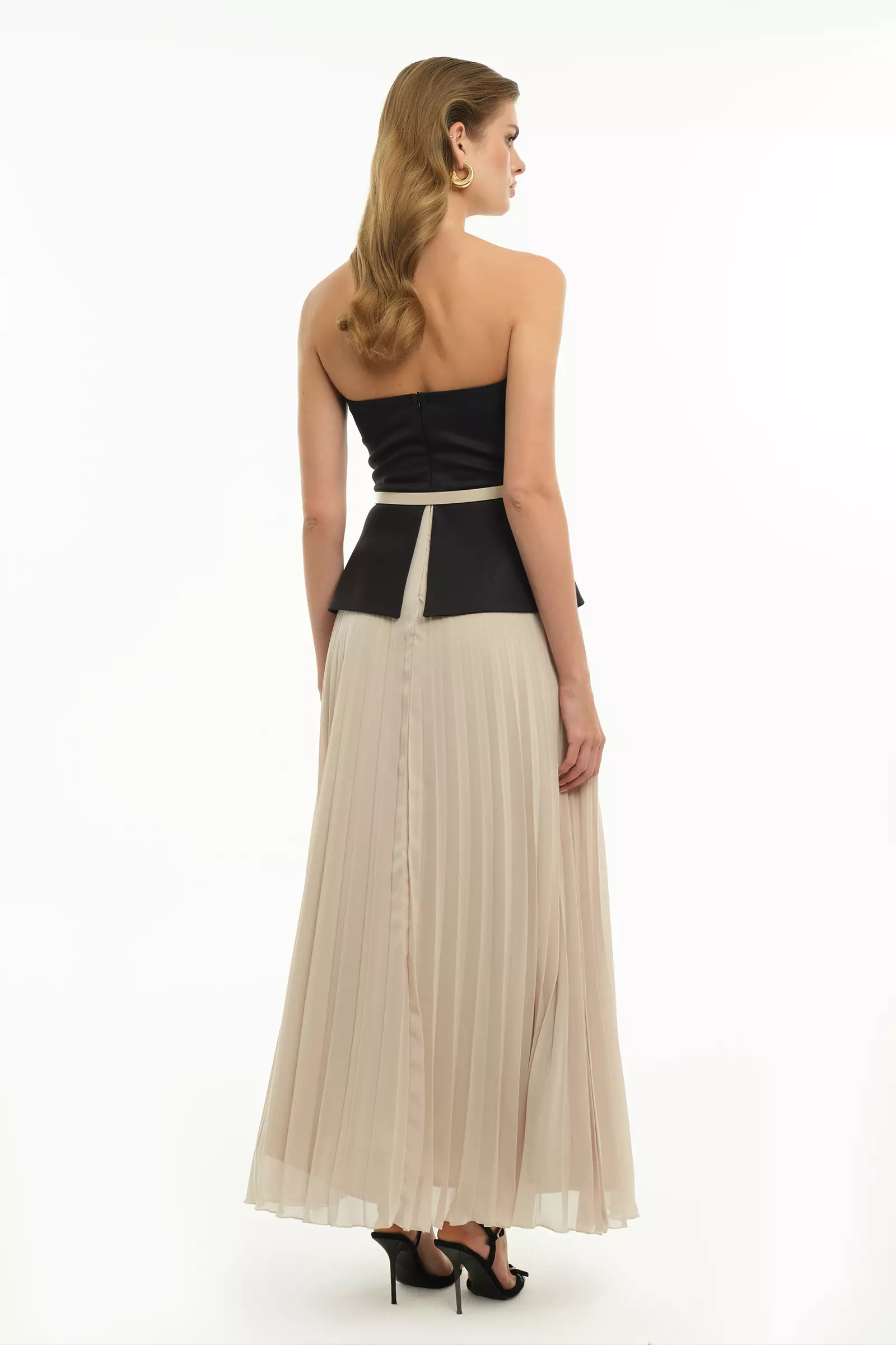 Beige chiffon strapless maxi dress