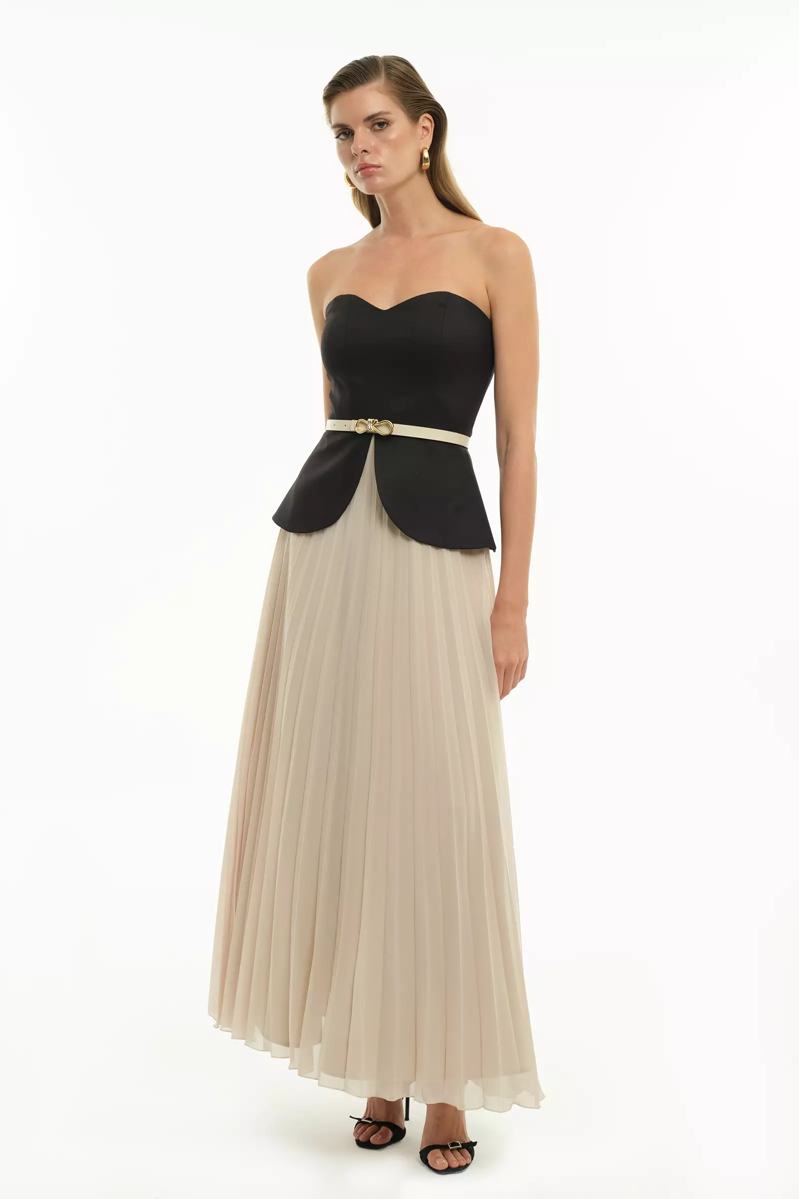 Beige chiffon strapless maxi dress