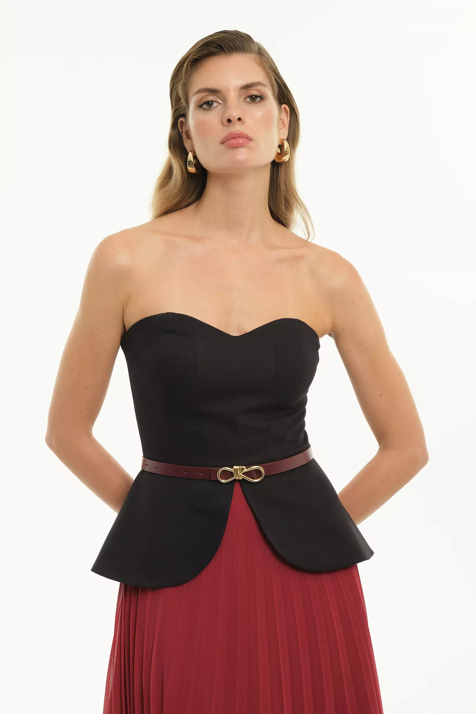 Maroon chiffon strapless maxi dress
