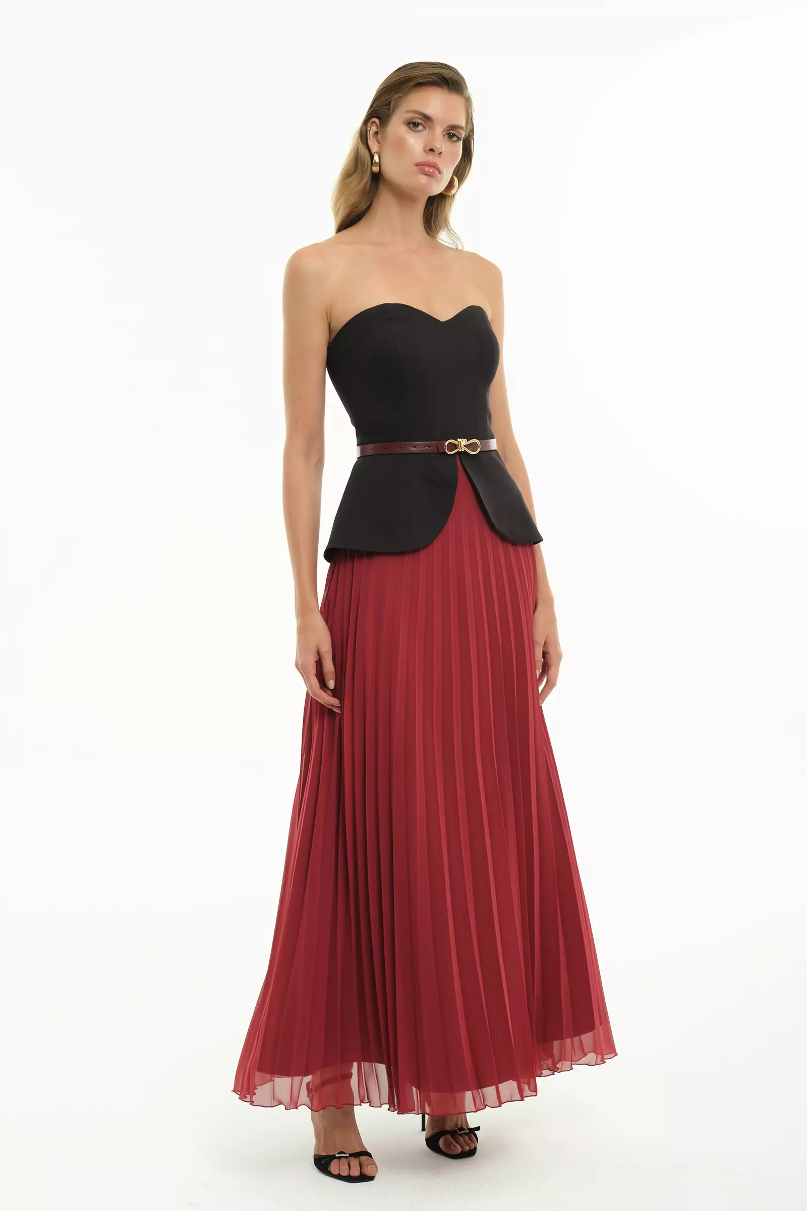 Maroon chiffon strapless maxi dress