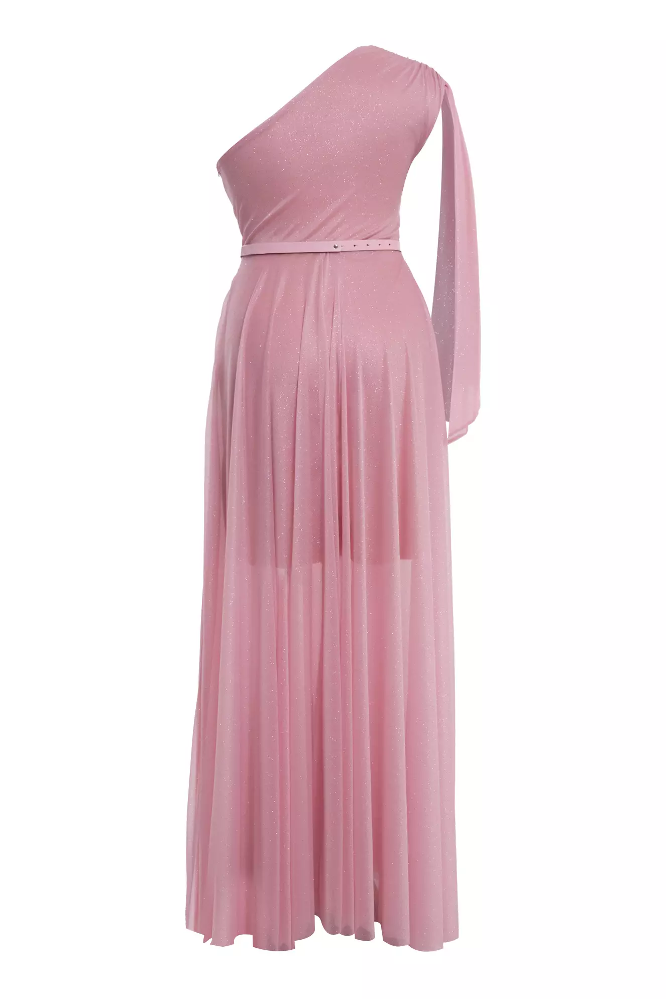 Pink plus size tulle single sleeve maxi dress
