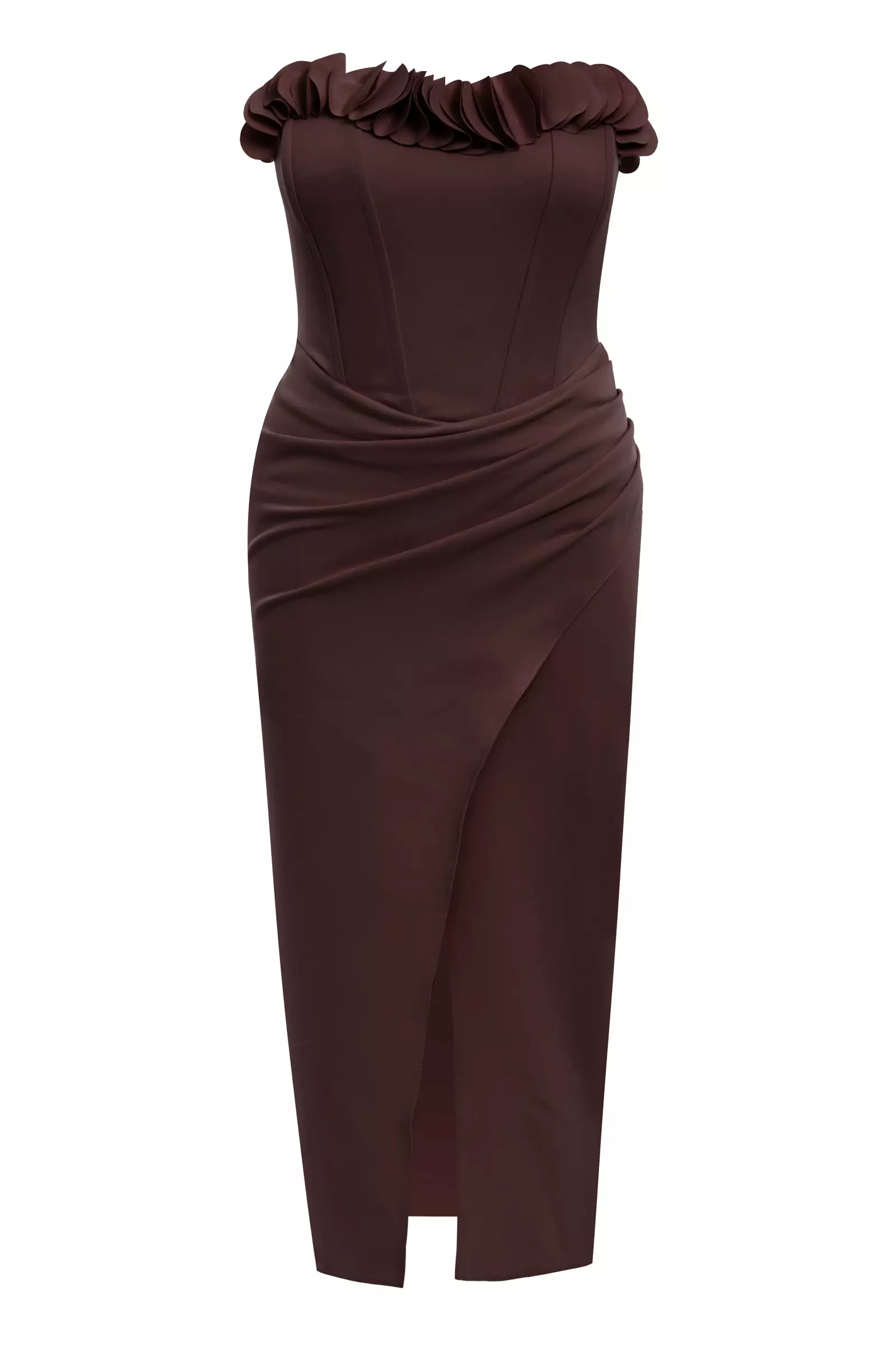 Brown plus size crepe strapless midi dress