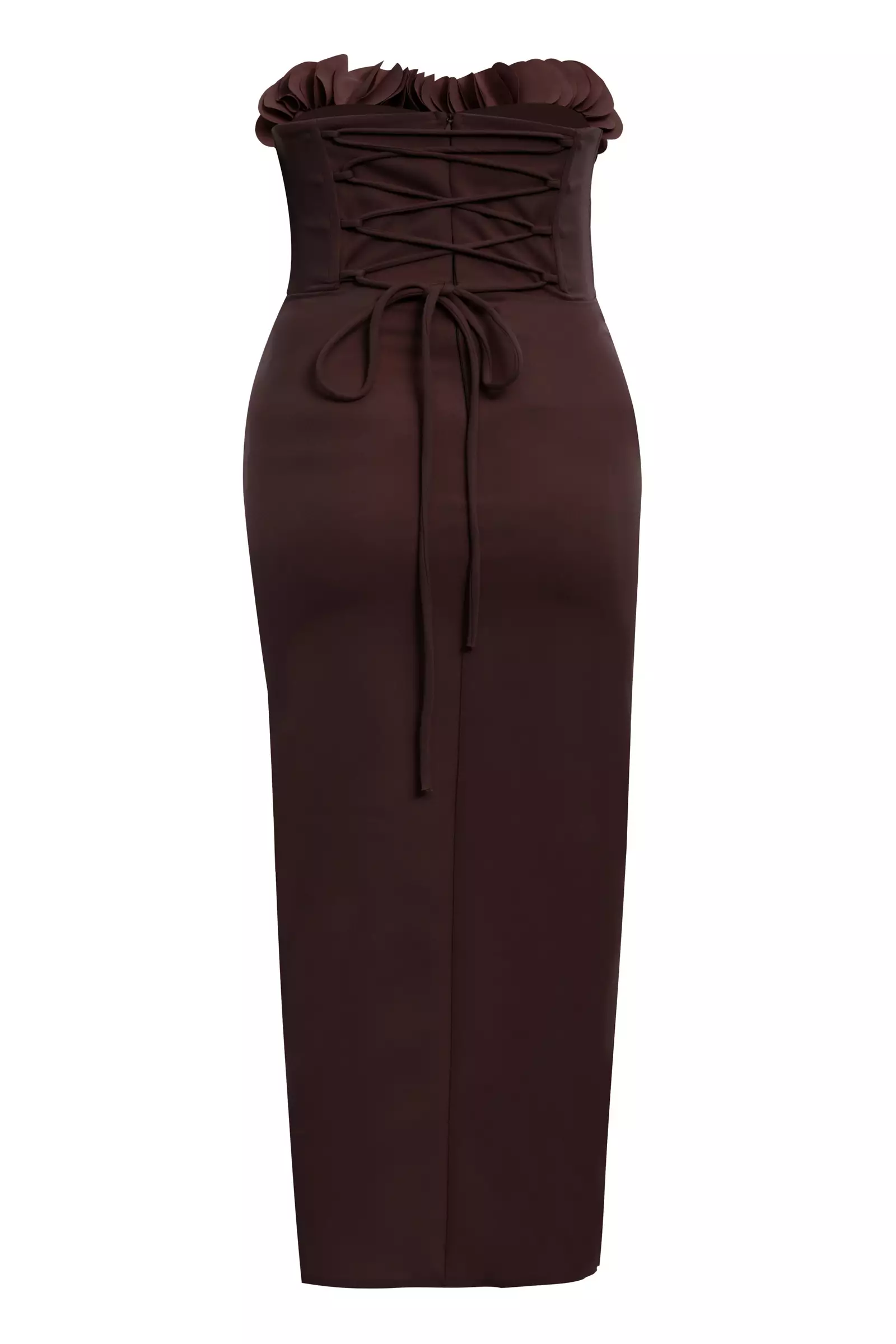 Brown plus size crepe strapless midi dress