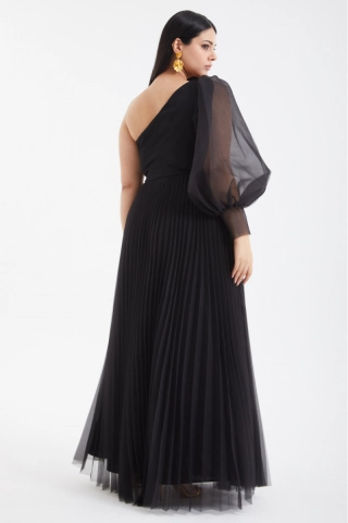 Black Plus Size Tulle Single Sleeve Long Dress