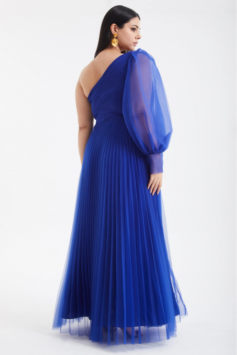 Blue plus size tulle single sleeve long dress