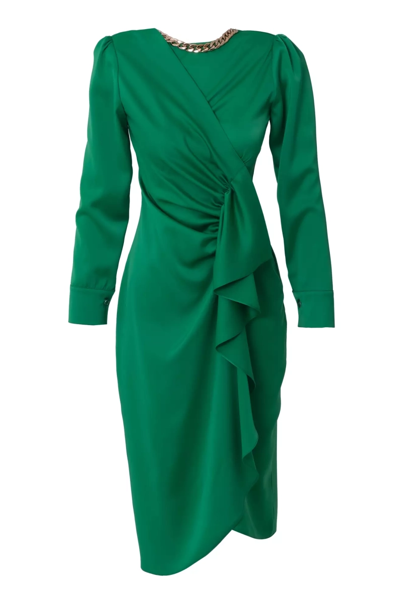 slim fit dress slacks Vintage Emerald Green Wrap Over Midi Pencil Dress – Pretty Kitty Fashion main image 1