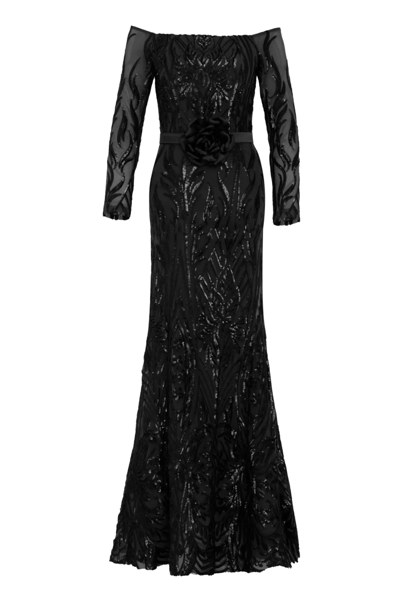 Black Stamp Sequins Long Sleeve Maxi Dress | All | Fervente