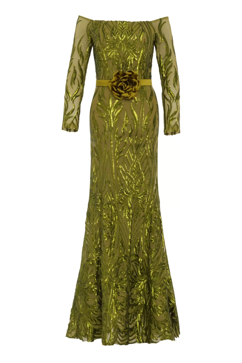 Black Stamp Sequins Long Sleeve Maxi Dress | All | Fervente