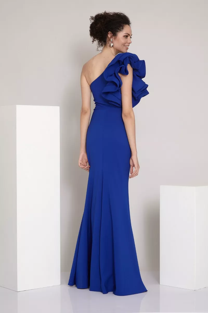 Blue Crepe One Arm Maxi Dress