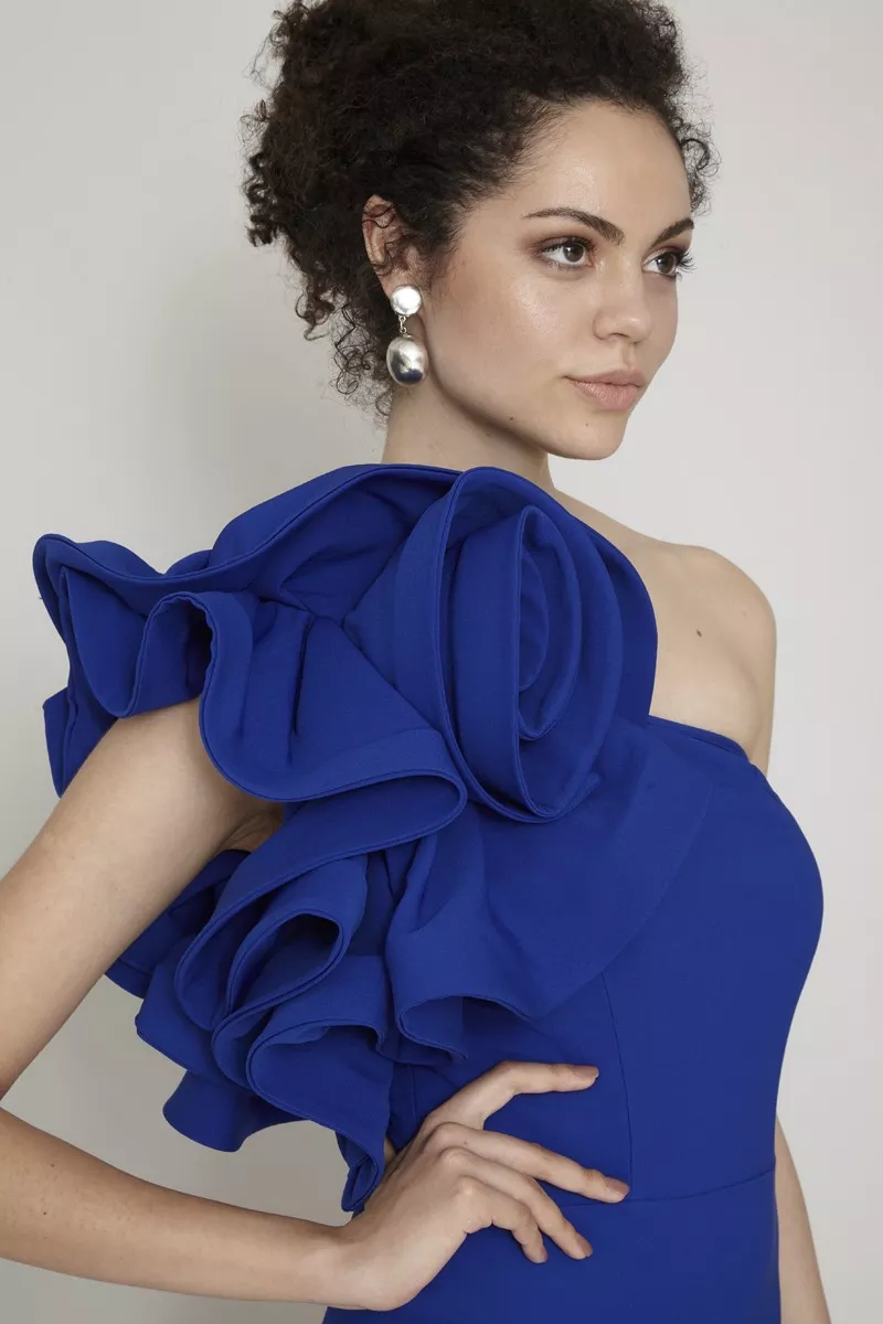 Blue Crepe One Arm Maxi Dress