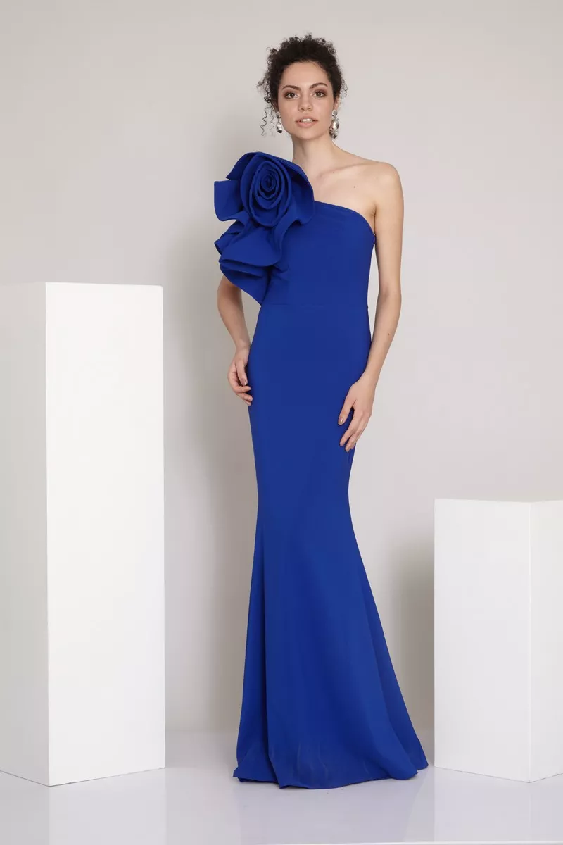 Blue Crepe One Arm Maxi Dress
