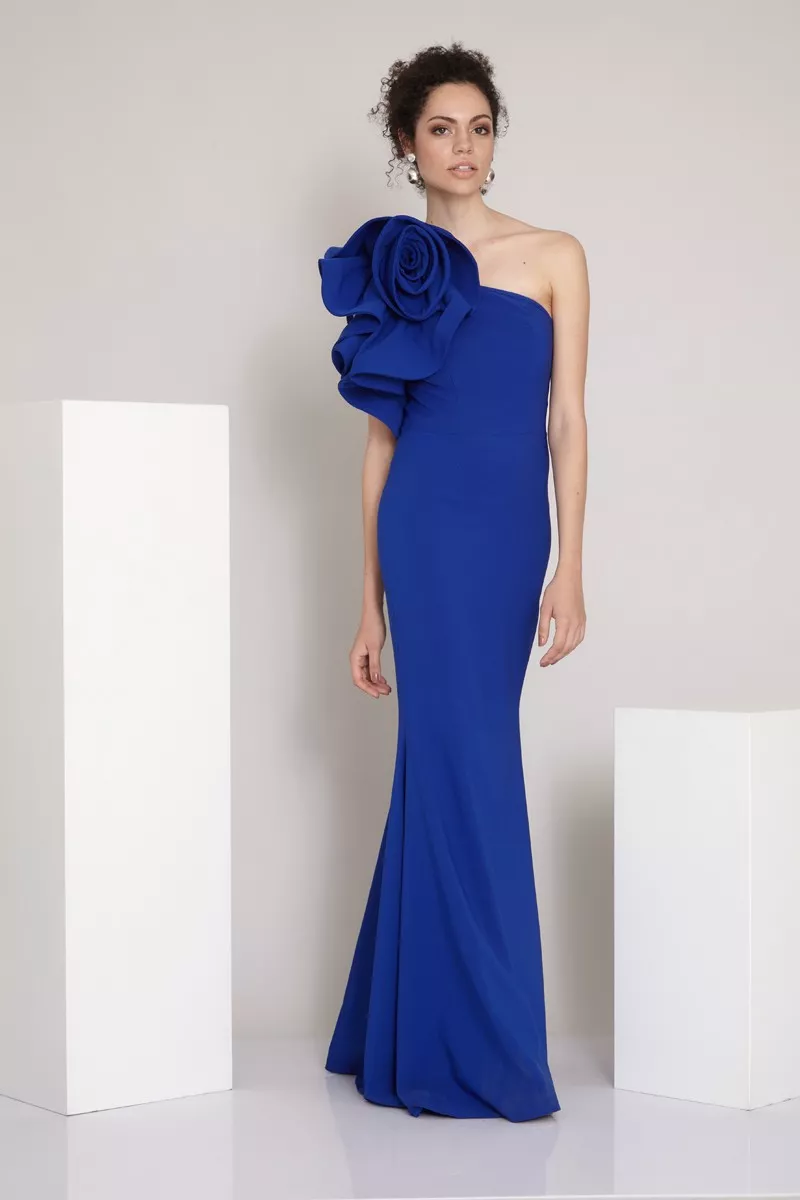 Blue Crepe One Arm Maxi Dress