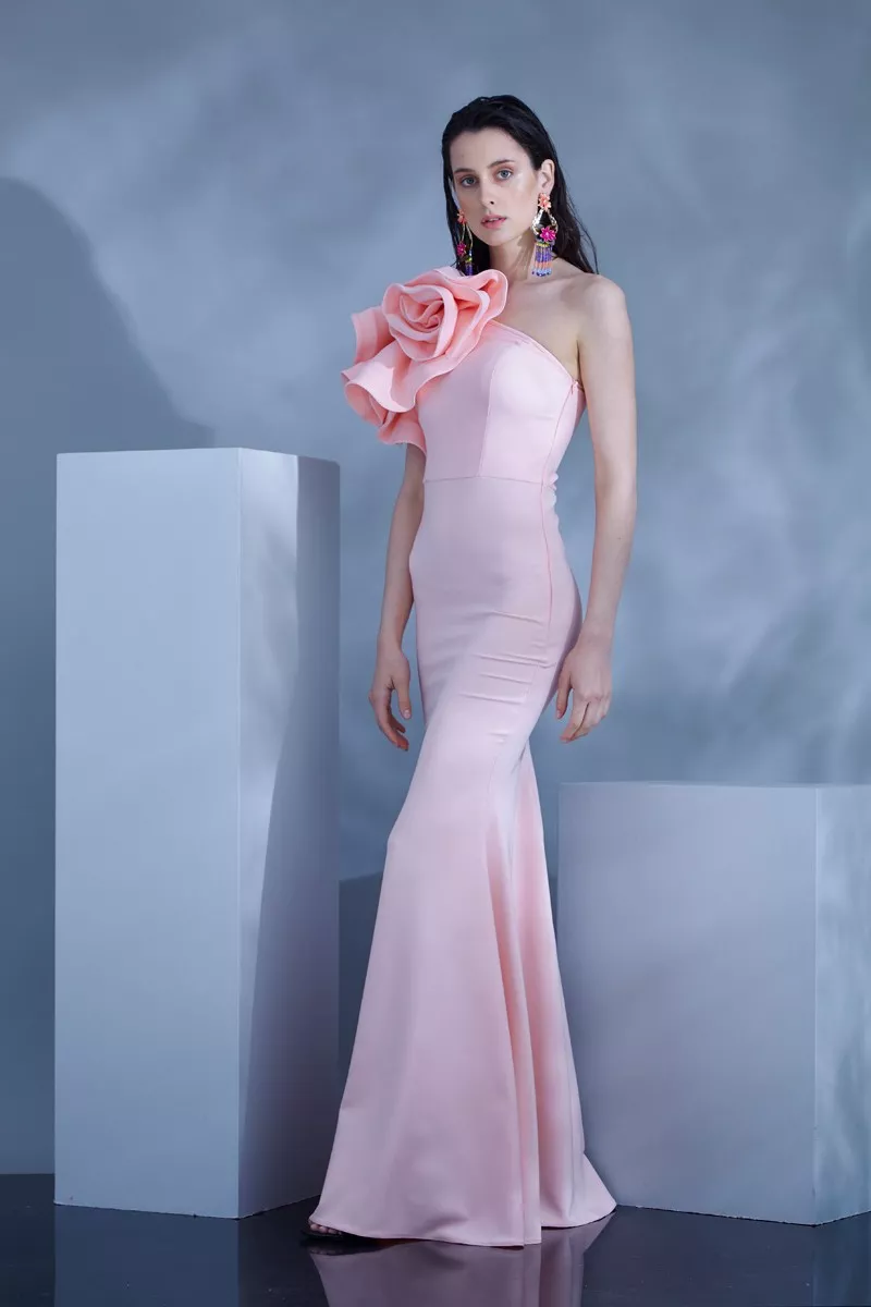 Blush Crepe One Arm Maxi Dress
