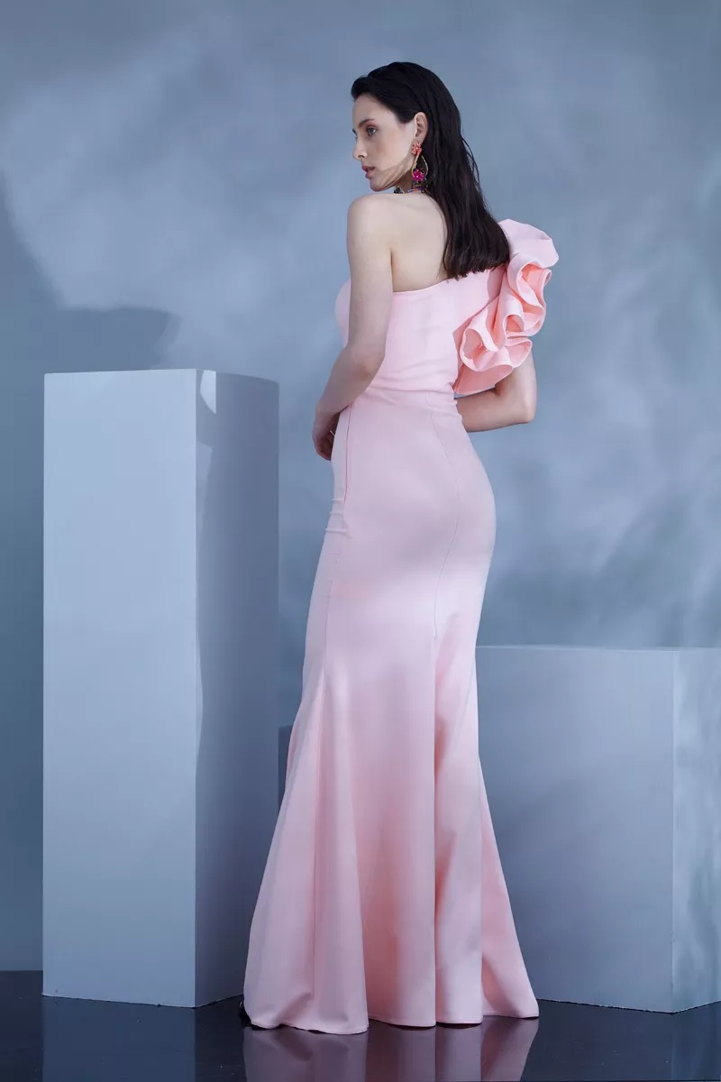 Blush Crepe One Arm Maxi Dress