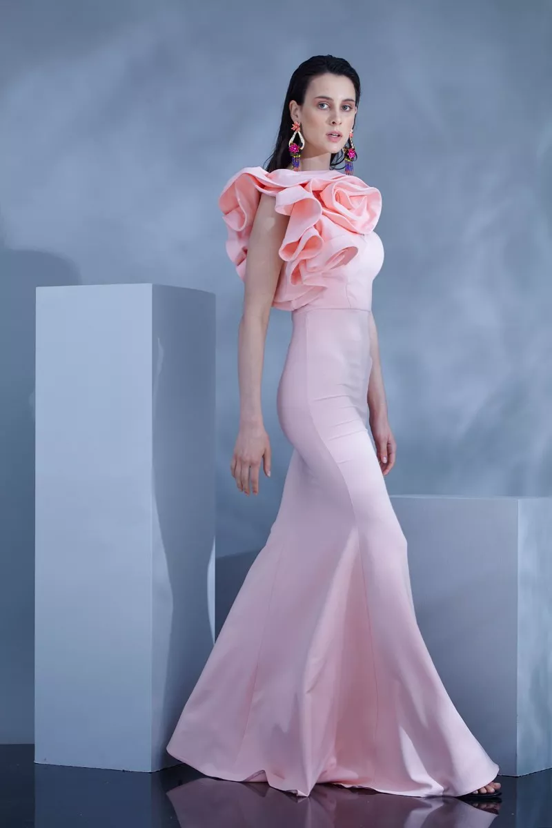 Blush Crepe One Arm Maxi Dress