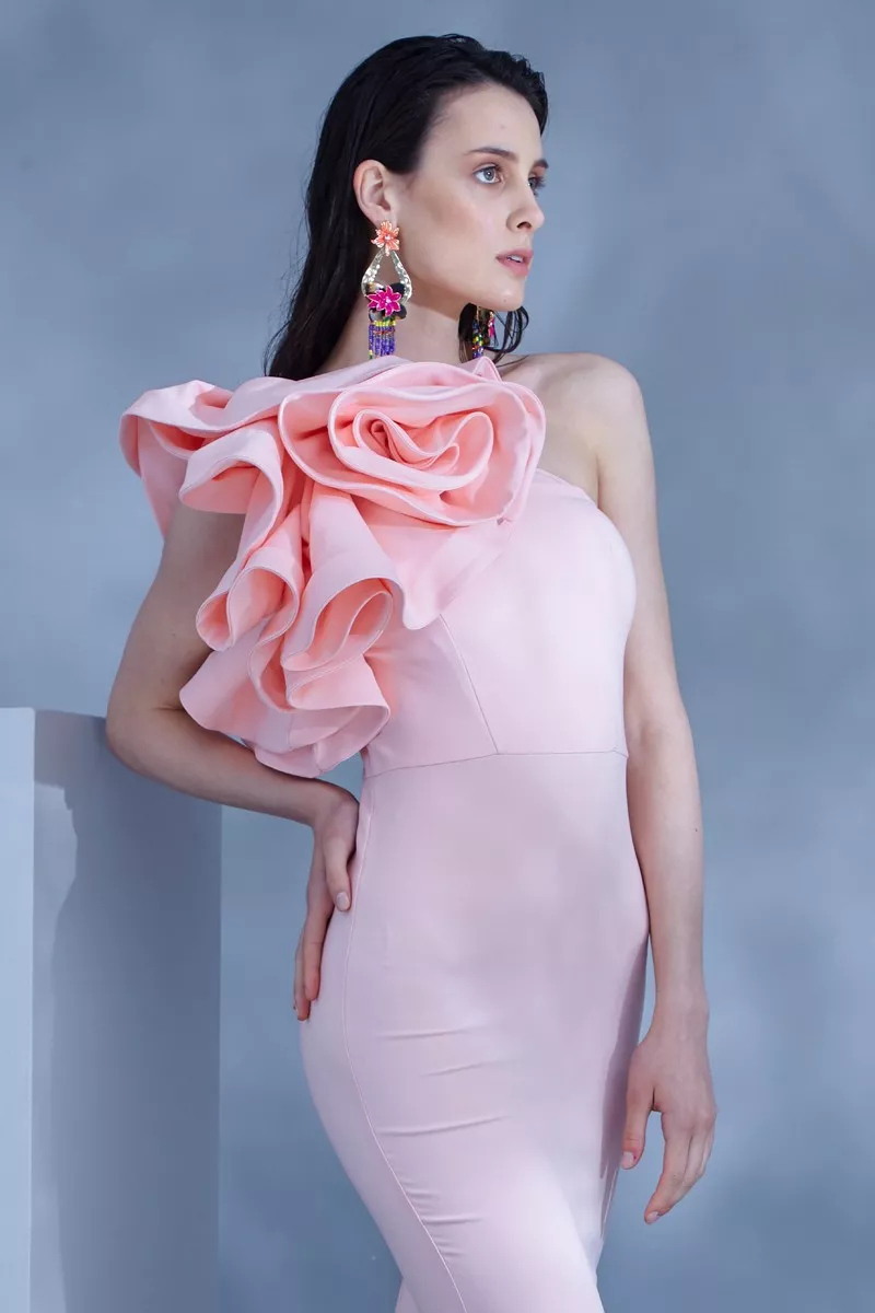 Blush Crepe One Arm Maxi Dress