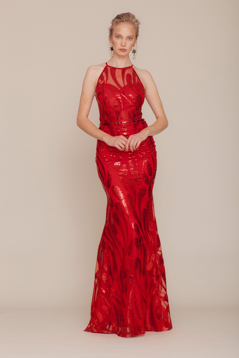 Red Sequined Sleeveless Maxi Dress