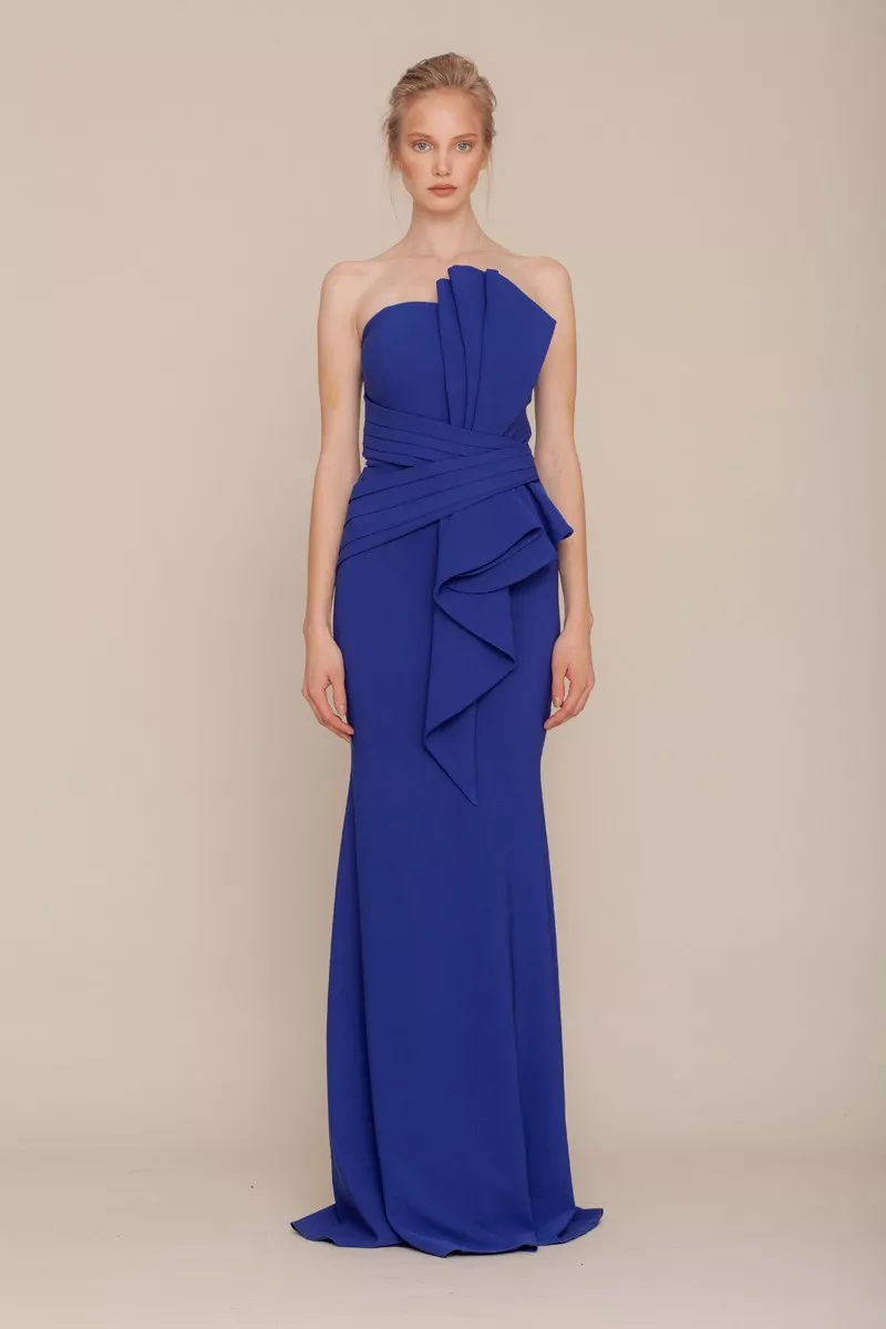 Blue Crepe Strapless Maxi Dress