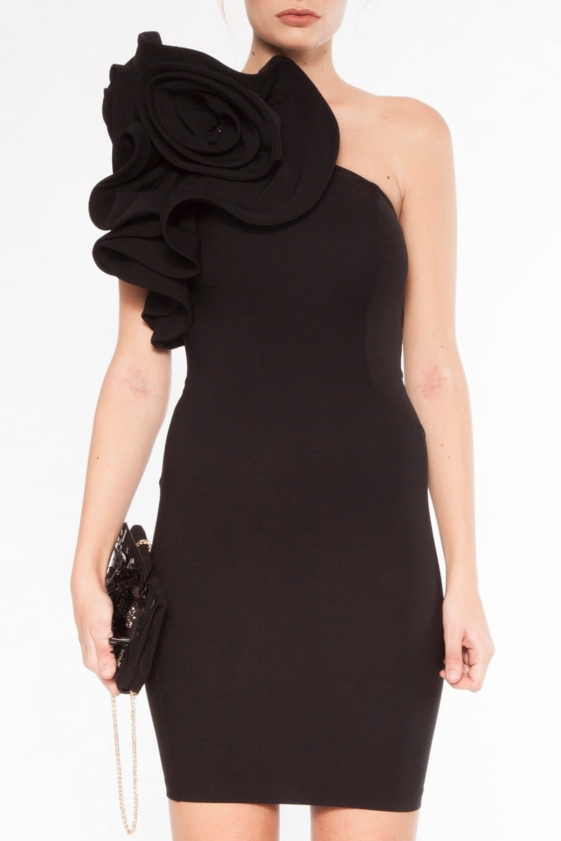 Black Crepe One Arm Mini Dress